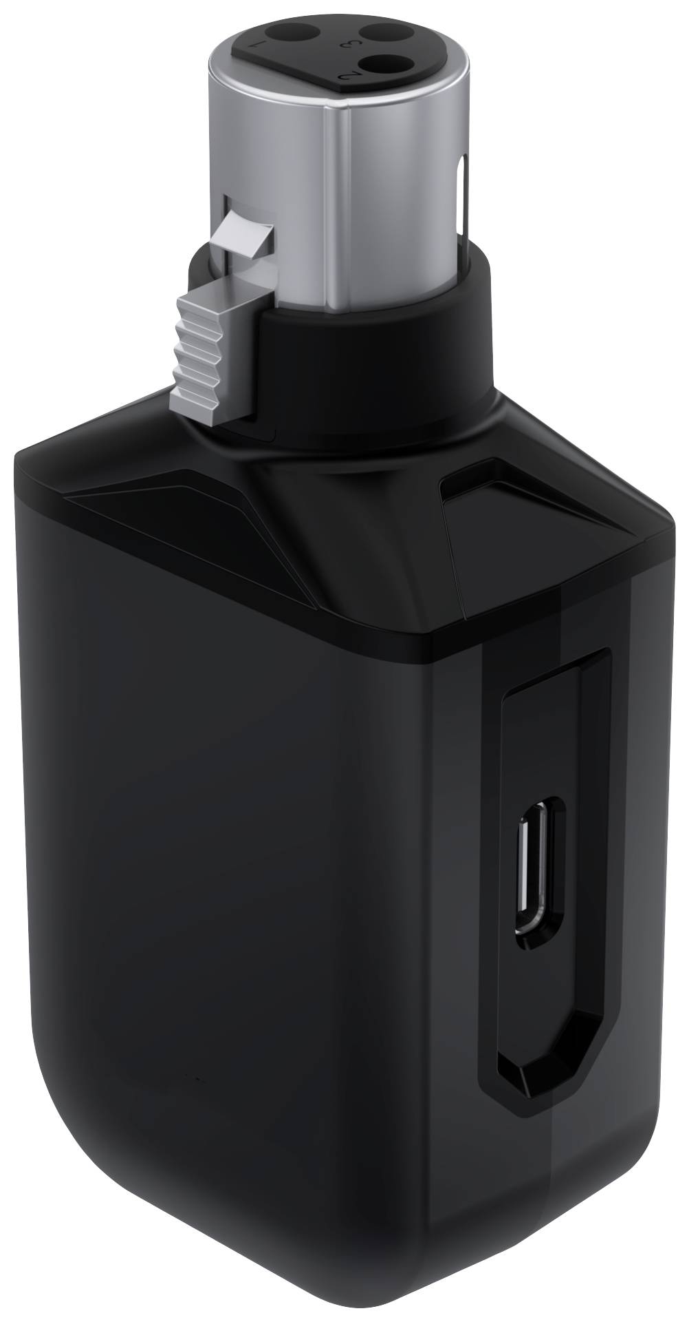 Schwarzes, rechteckiges elektronisches Gerät mit USB-C-Anschluss und silbernem zylinderförmigem Aufsatz, möglicherweise ein Feuerzeug.