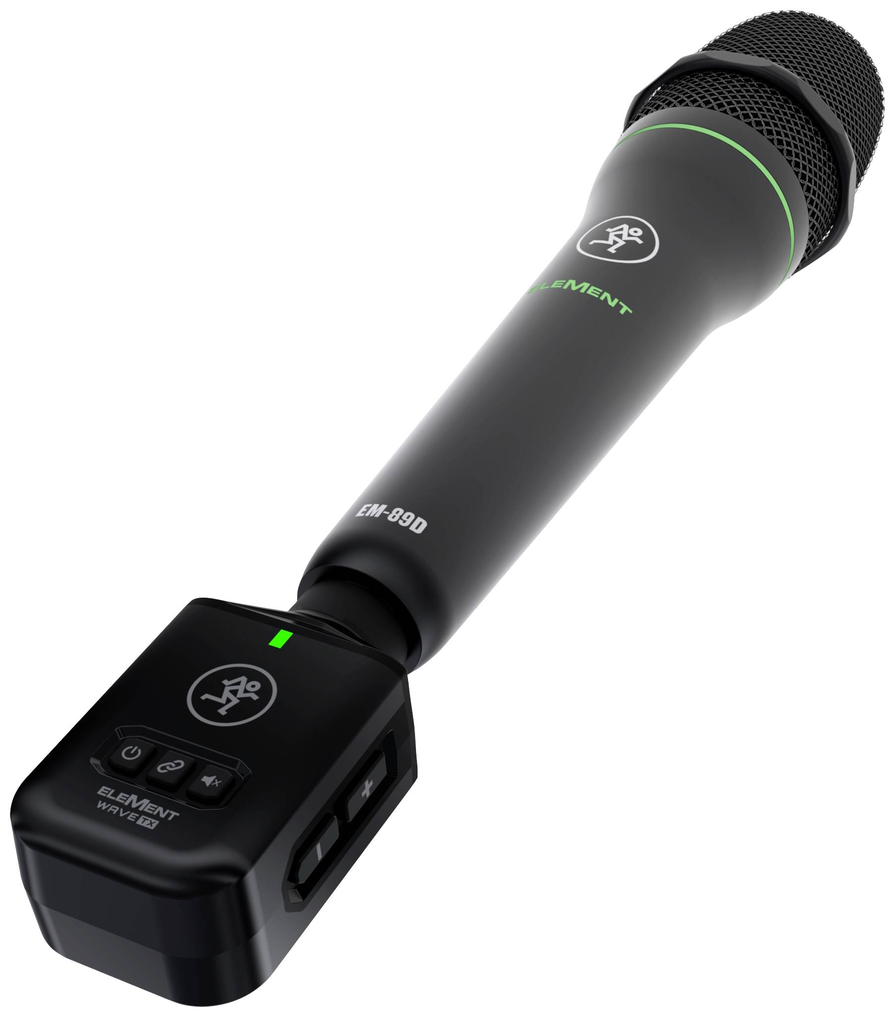 Schwarzes Handmikrofon mit integriertem Sender und Kontrollleuchten, geeignet für drahtlose Audioübertragungen bei Veranstaltungen.