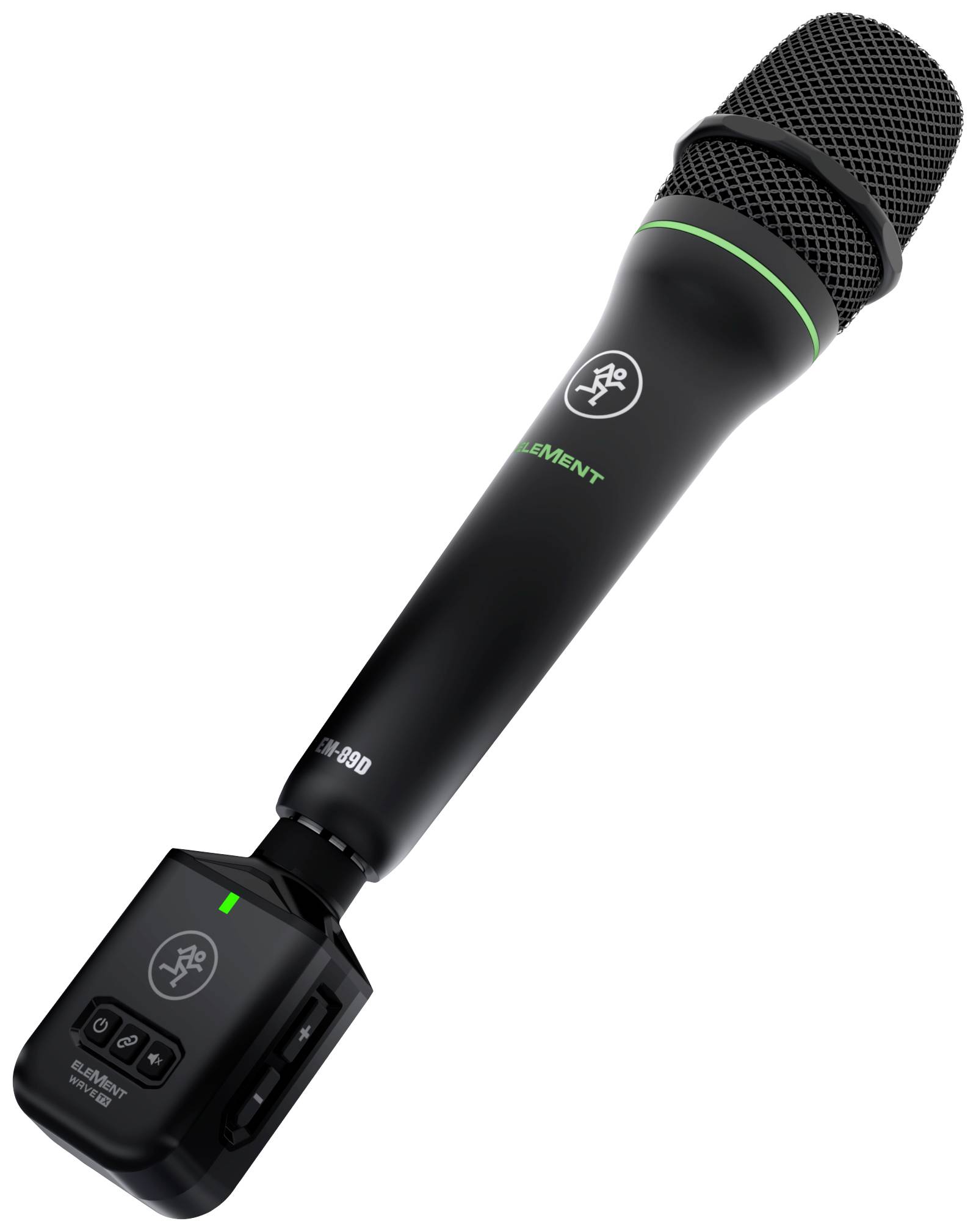 Schwarzes Mikrofon mit grünen Details, großem Kopf und digitalem Bedienfeld. Geeignet für Bühnen- und Studioanwendungen.