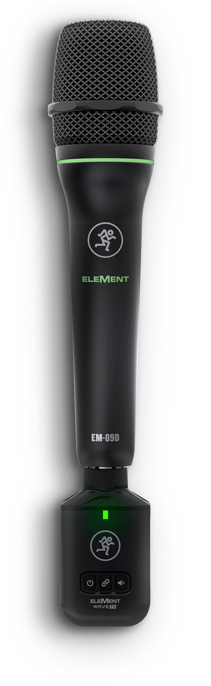 Schwarzes kabelloses Mikrofon mit grünem Licht am Sockel und Emblem 'ELEMENT'. Geeignet für Bühnen- und Studioauftritte.