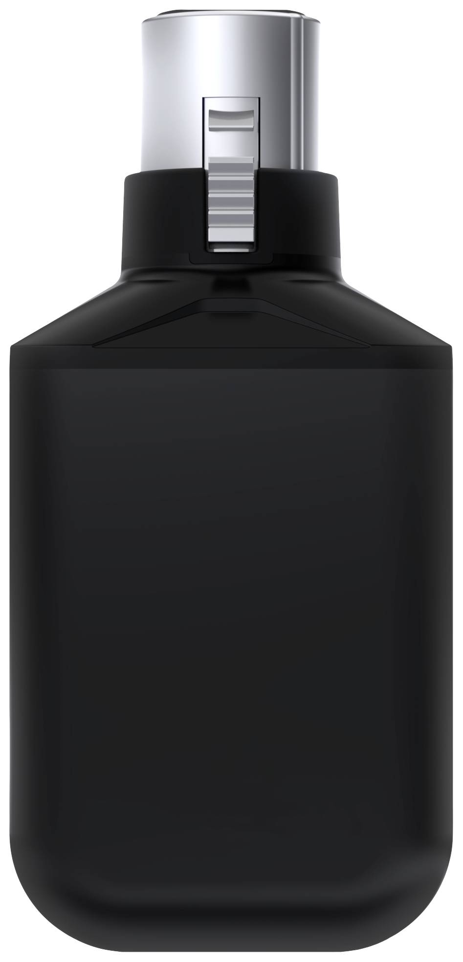 Schwarze Sprayflasche mit silbernem Sprühverschluss, freigestellt vor weißem Hintergrund.