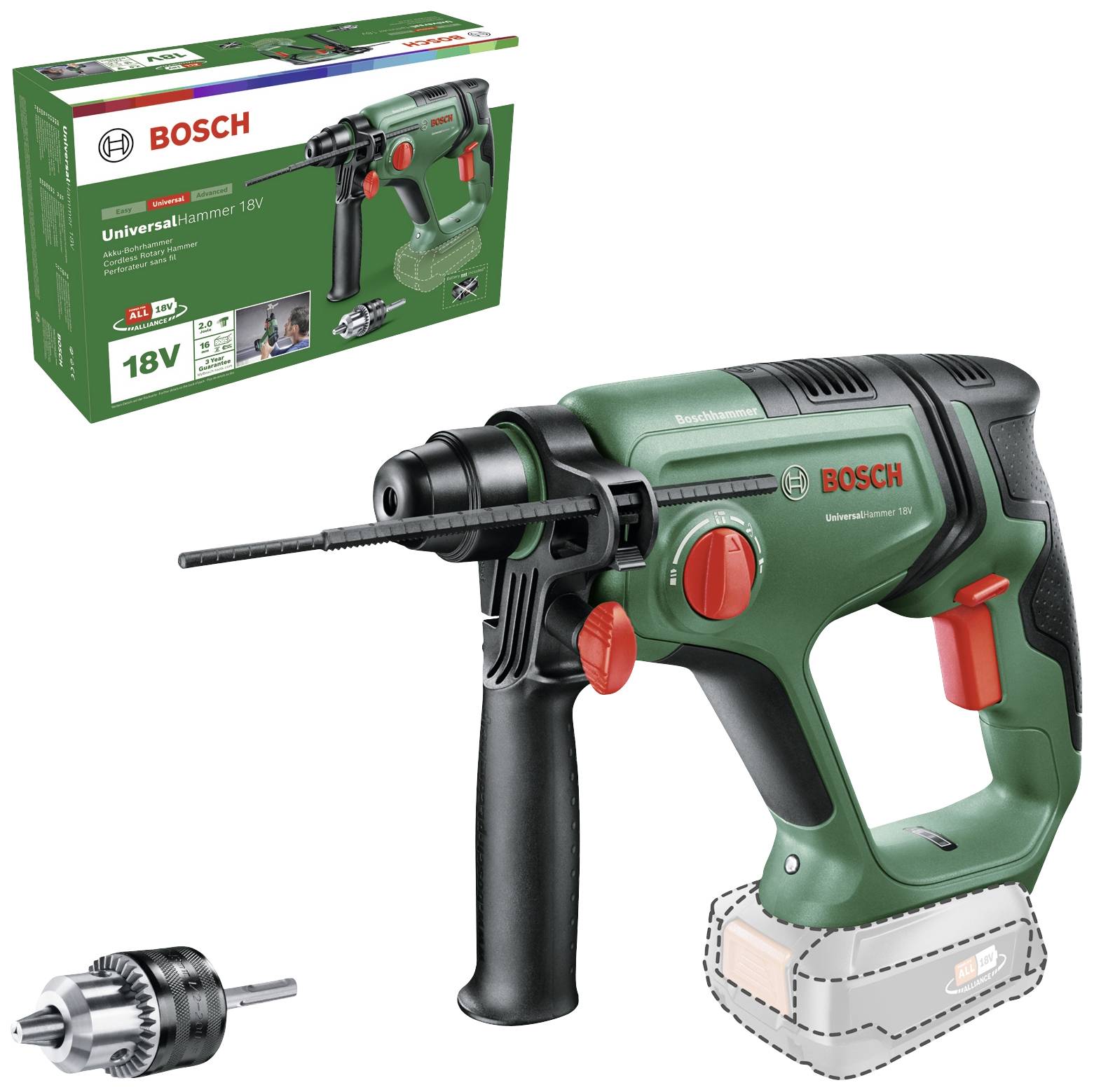 Eine Bosch UniversalHammer 18V Bohrmaschine mit Verpackung im Hintergrund, abgebildet mit einem abnehmbaren Bohrfutter.