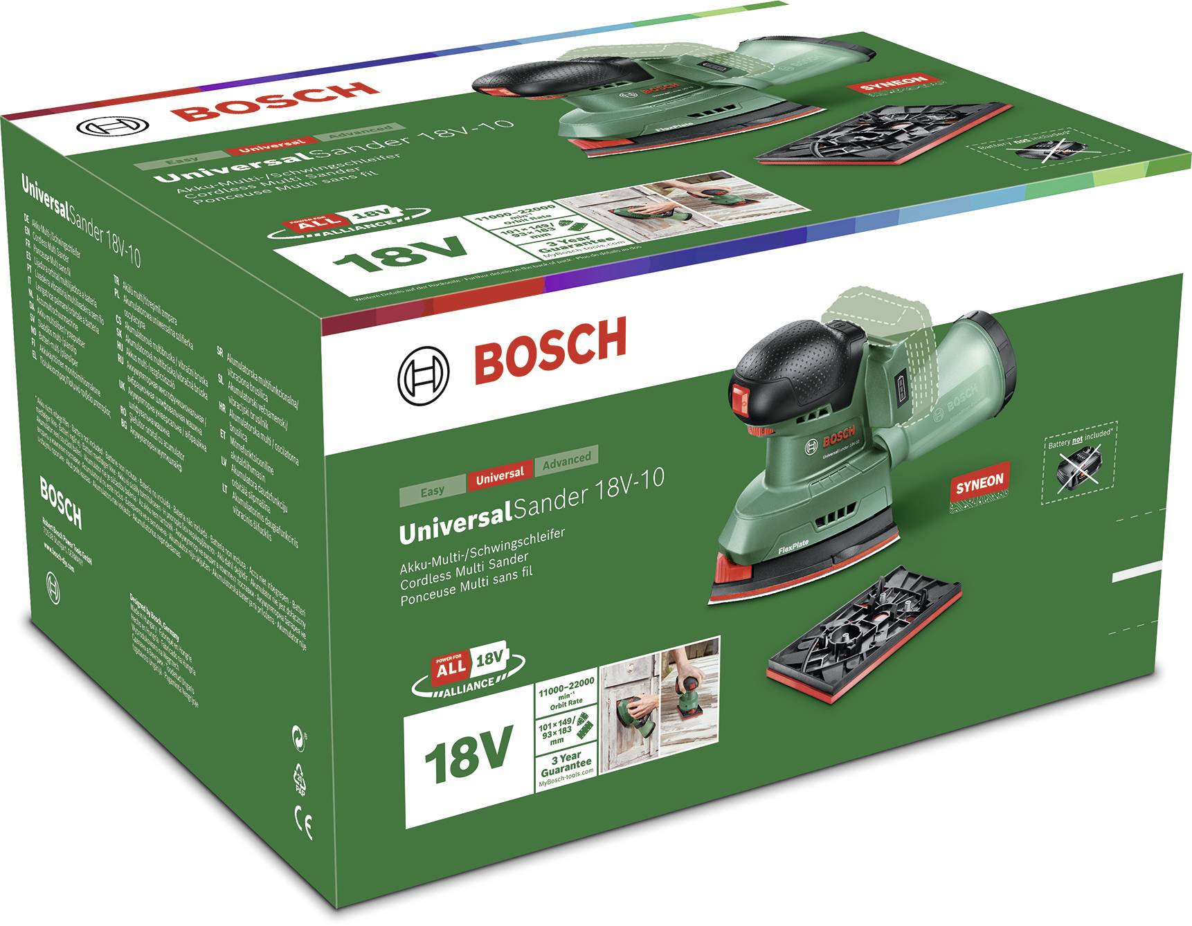 Grüne Bosch Exzenterschleifer-Verpackung, Modell UniversalSander 18V-10, hervorgehobene Merkmale: kabellos, kompakte Größe.