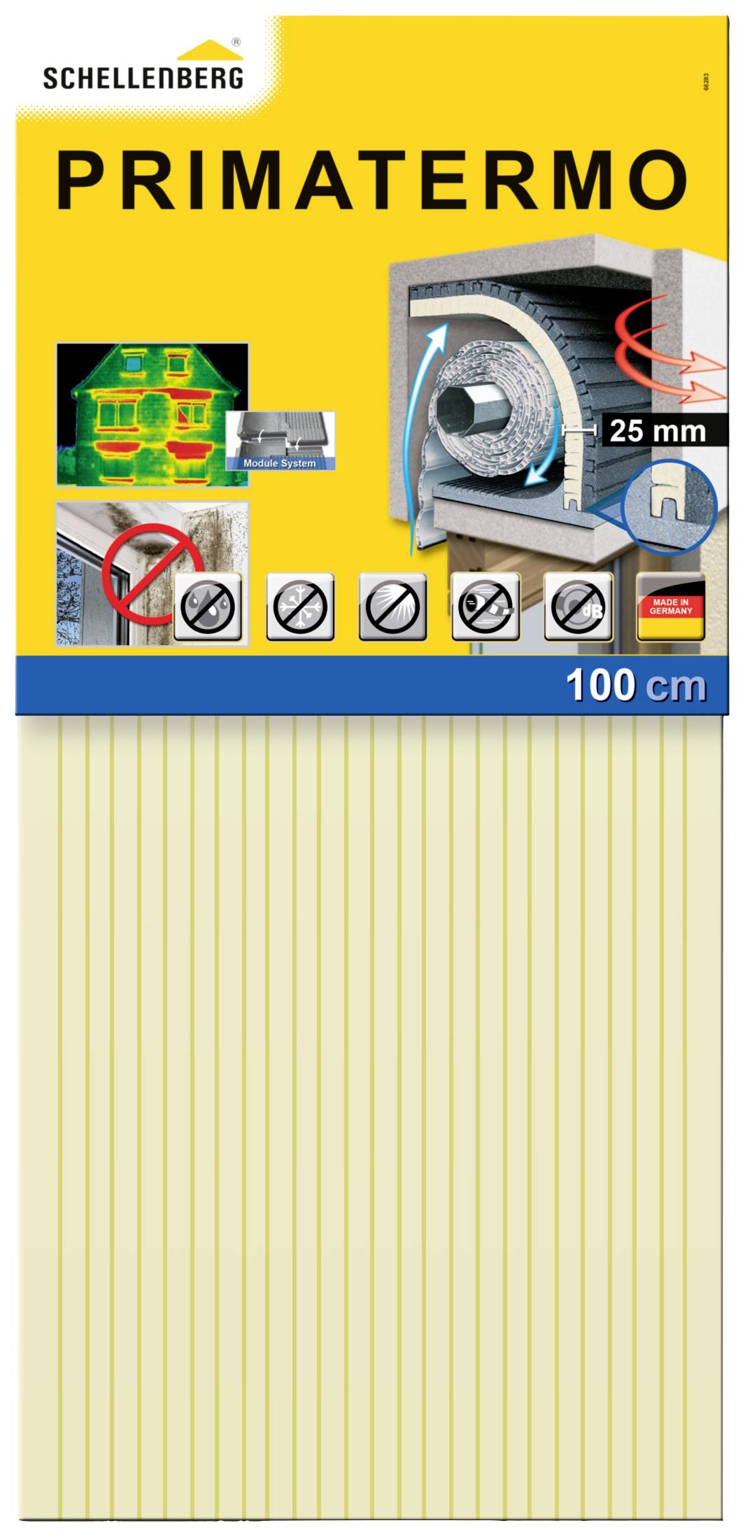 Werbung für 'Primatermo' Rollladen-Isolationsmatte von Schellenberg, zeigt Montage, Materialstruktur und Dämmeigenschaften.