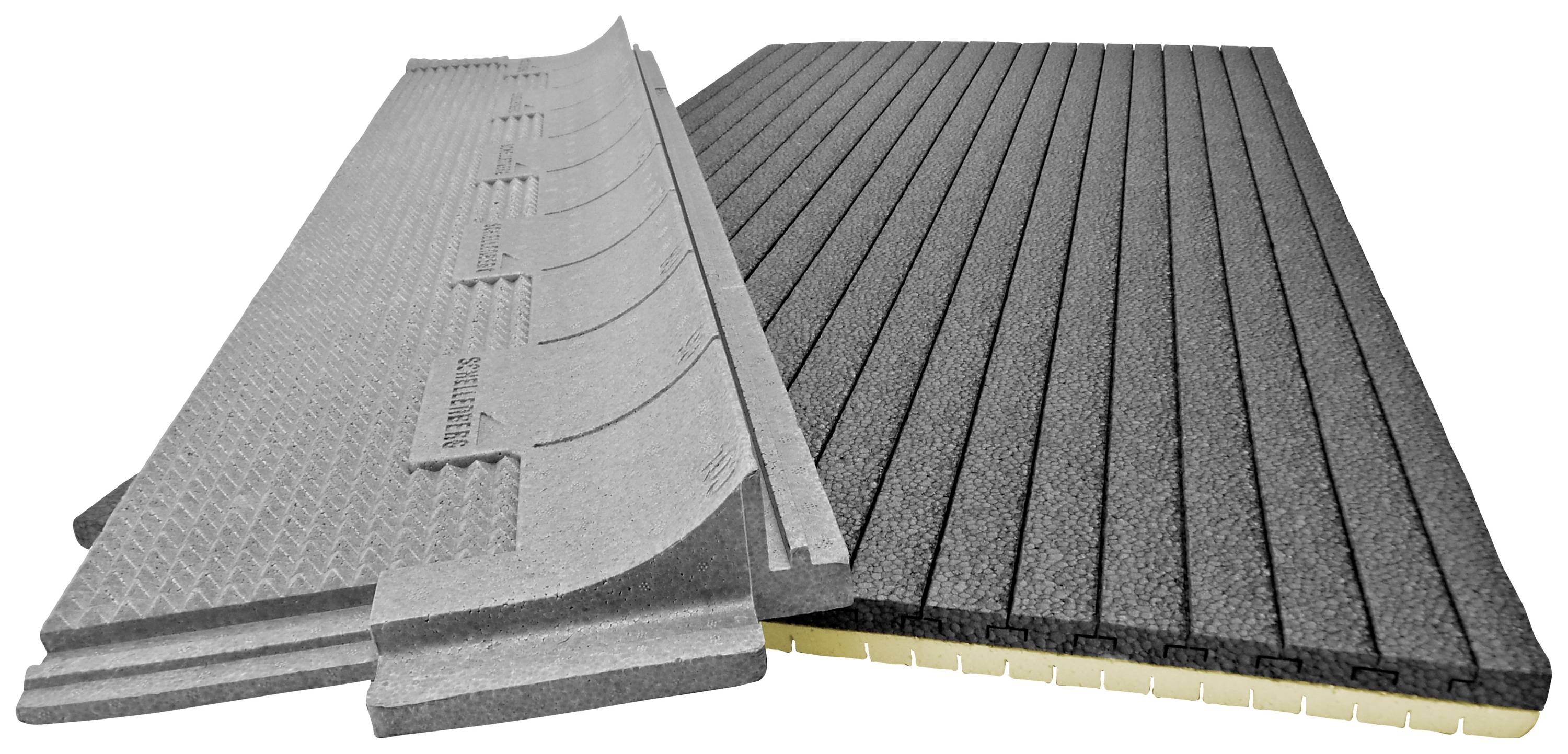 Dämmplatten in verschiedenen Schichten und Strukturen gezeigt. Eine Platte hat eine glatte Oberfläche, die andere ist strukturiert.