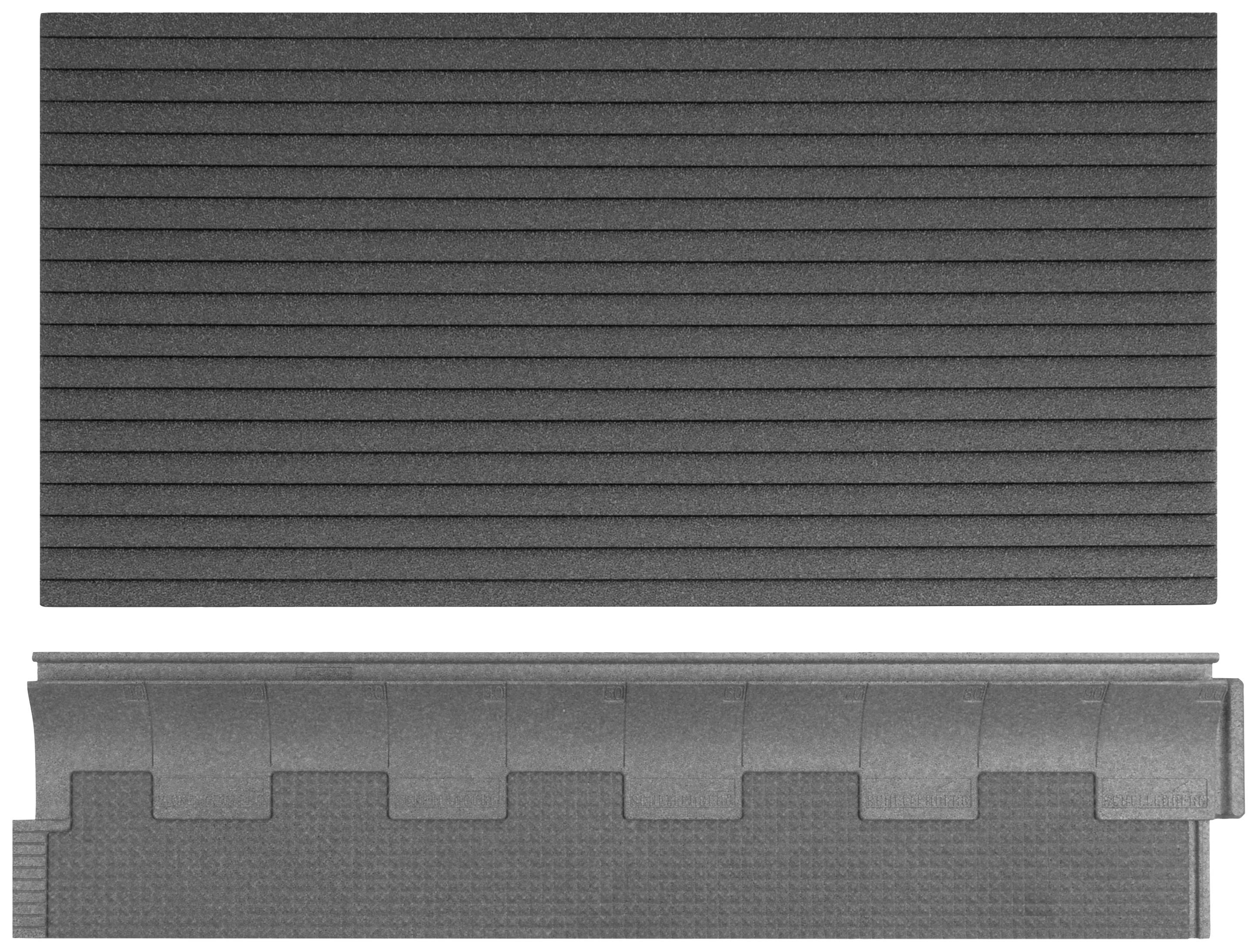Ein rechteckiges, dunkles Bodenbelag-Paneel mit parallelen Rillen. Darunter ist eine längs verlaufende Kunststoff-Leiste mit Nut- und Feder-Verbindung.