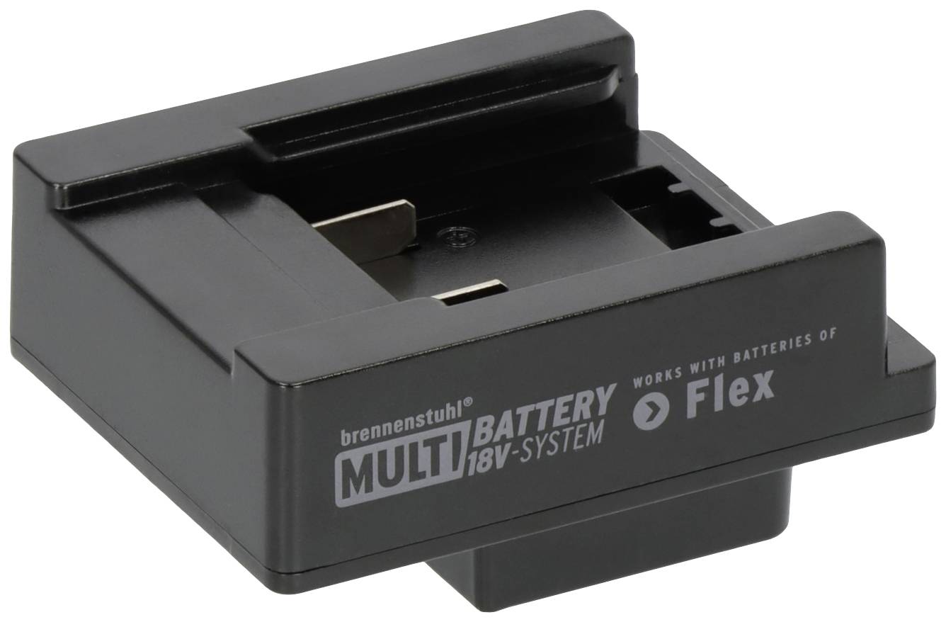 Adapter für das 18V Brennenstuhl Multi Battery System, kompatibel mit Flex-Batterien. Schwarzes, rechteckiges Design.