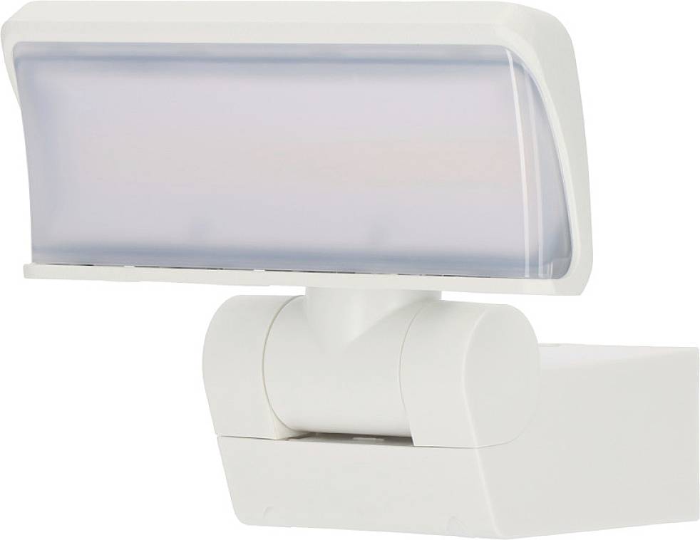 Eine weiße LED-Leuchte mit rechteckigem Schirm und beweglichem Gelenk, geeignet für die Montage an der Wand oder Decke.