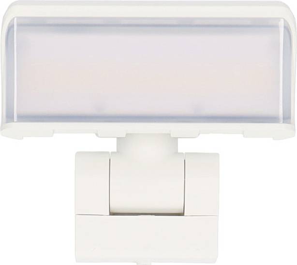 Weiße, rechteckige LED-Leuchte mit verstellbarem Gelenk; ideal zur Wandmontage für Innen- oder Außenbereiche.