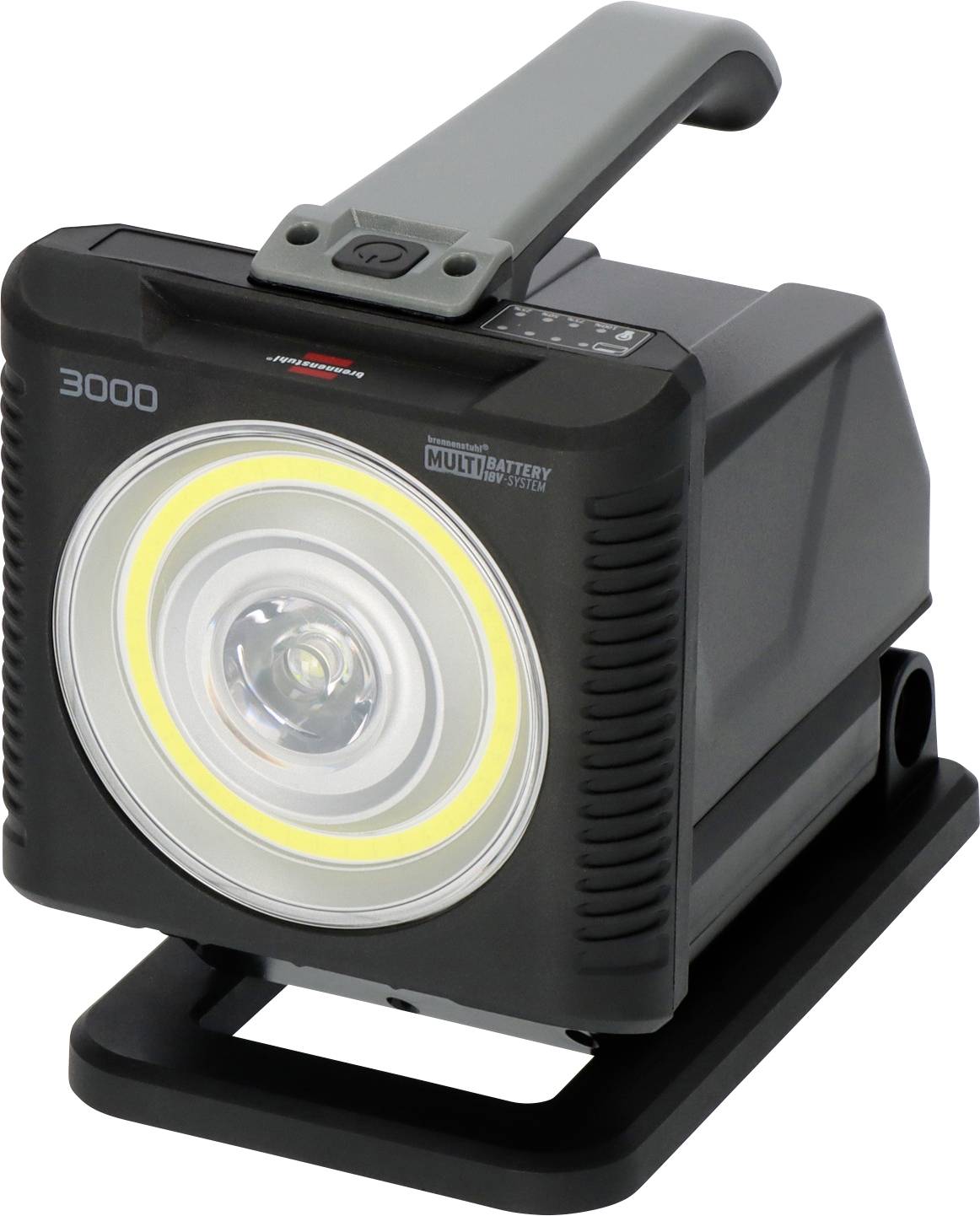 Tragbare schwarze LED-Arbeitsleuchte mit Griff und Ständer, in Dreiviertelbild mit großer kreisförmiger Frontlinse und der Markierung „3000