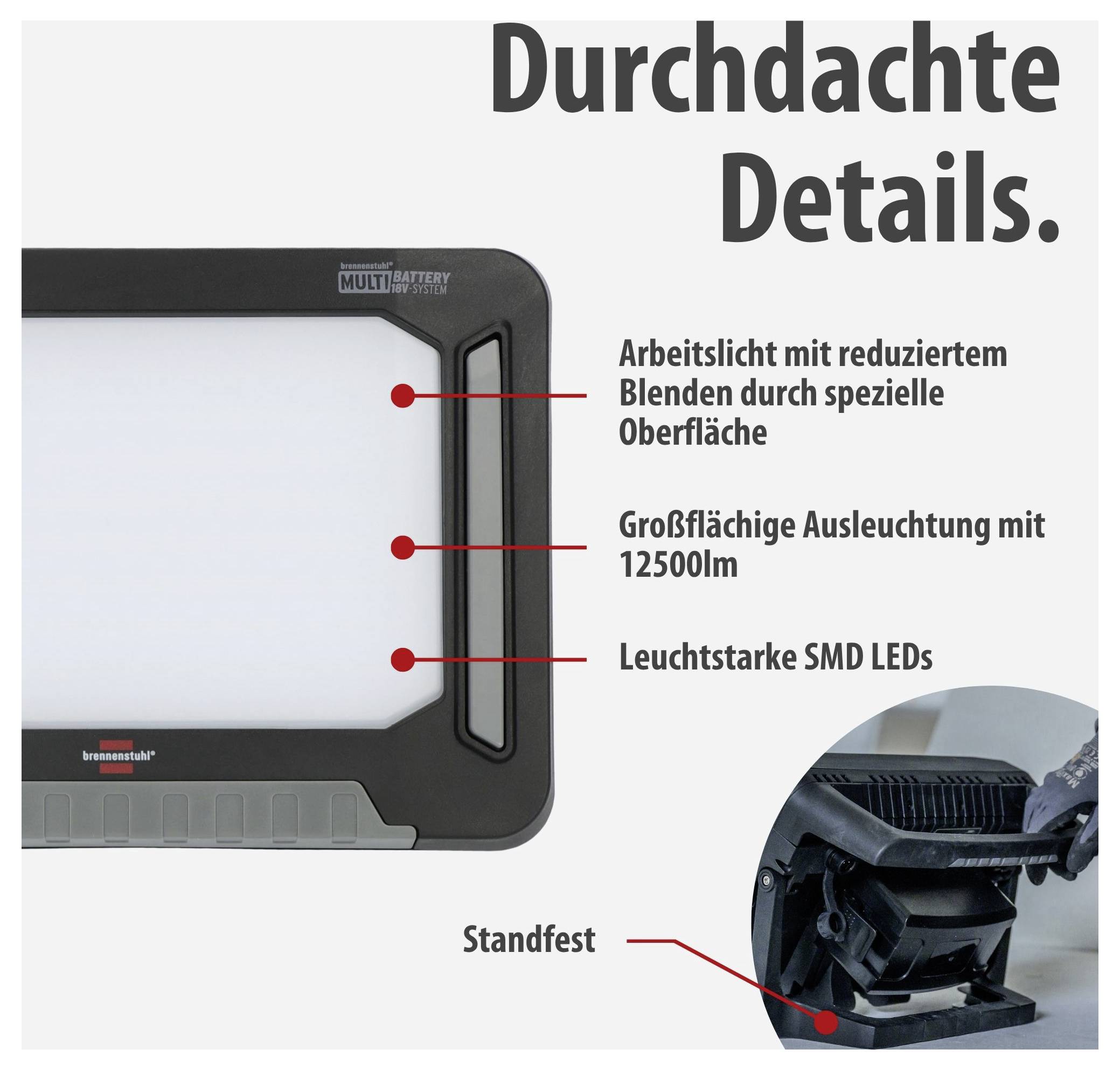 Werbeabbildung einer Arbeitsleuchte mit großflächiger Ausleuchtung, 12.500 lm, SMD-LEDs, reduzierter Blendung und stabilem Standfuß.