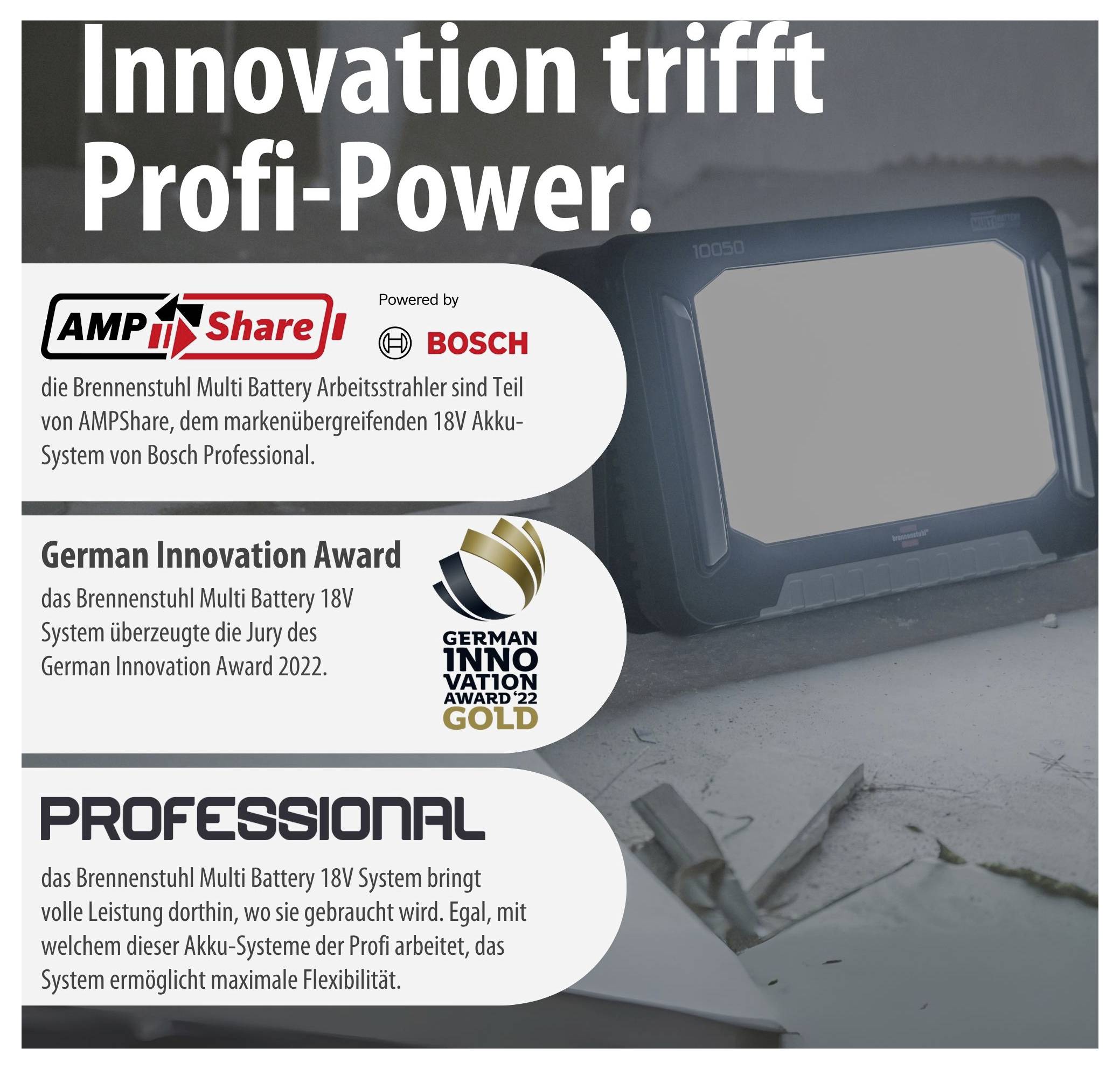 Werbeanzeige für Brennenstuhl Multi Battery 18V: 'Innovation trifft Profi-Power.' mit AMPShare/Bosch, German Innovation Award Gold und Professional-Systemvorteilen.