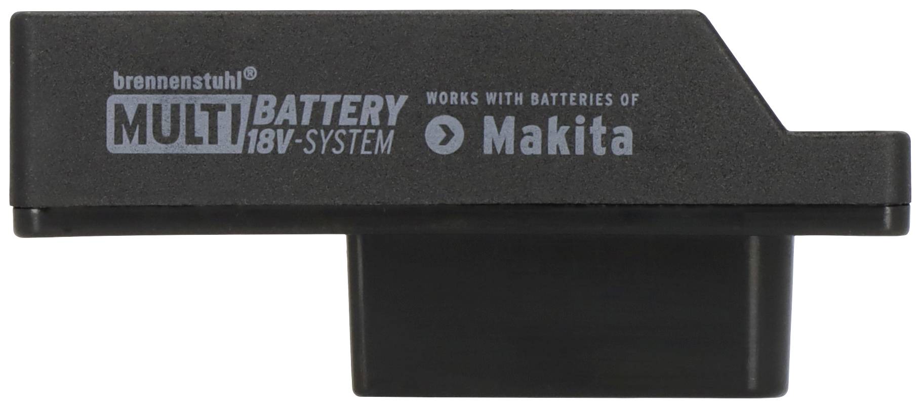 Adapter für das MULTIBATTERY 18V-SYSTEM, kompatibel mit Makita-Batterien, von brennenstuhl. Schwarzes Design mit Aufschrift.