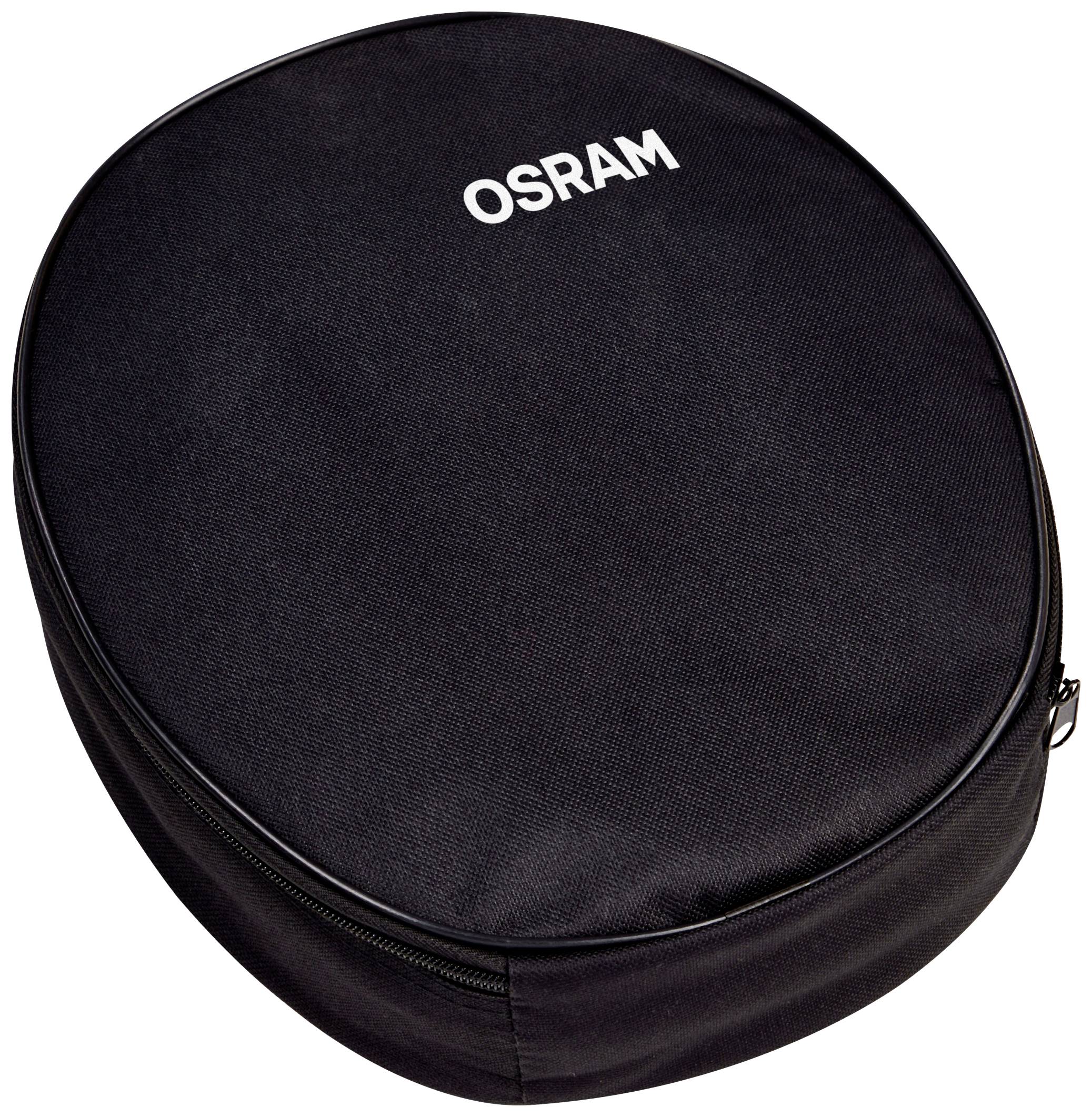 Ein schwarzes, ovales Etui mit Reißverschluss und dem weißen Aufdruck 'OSRAM' auf der Oberseite.