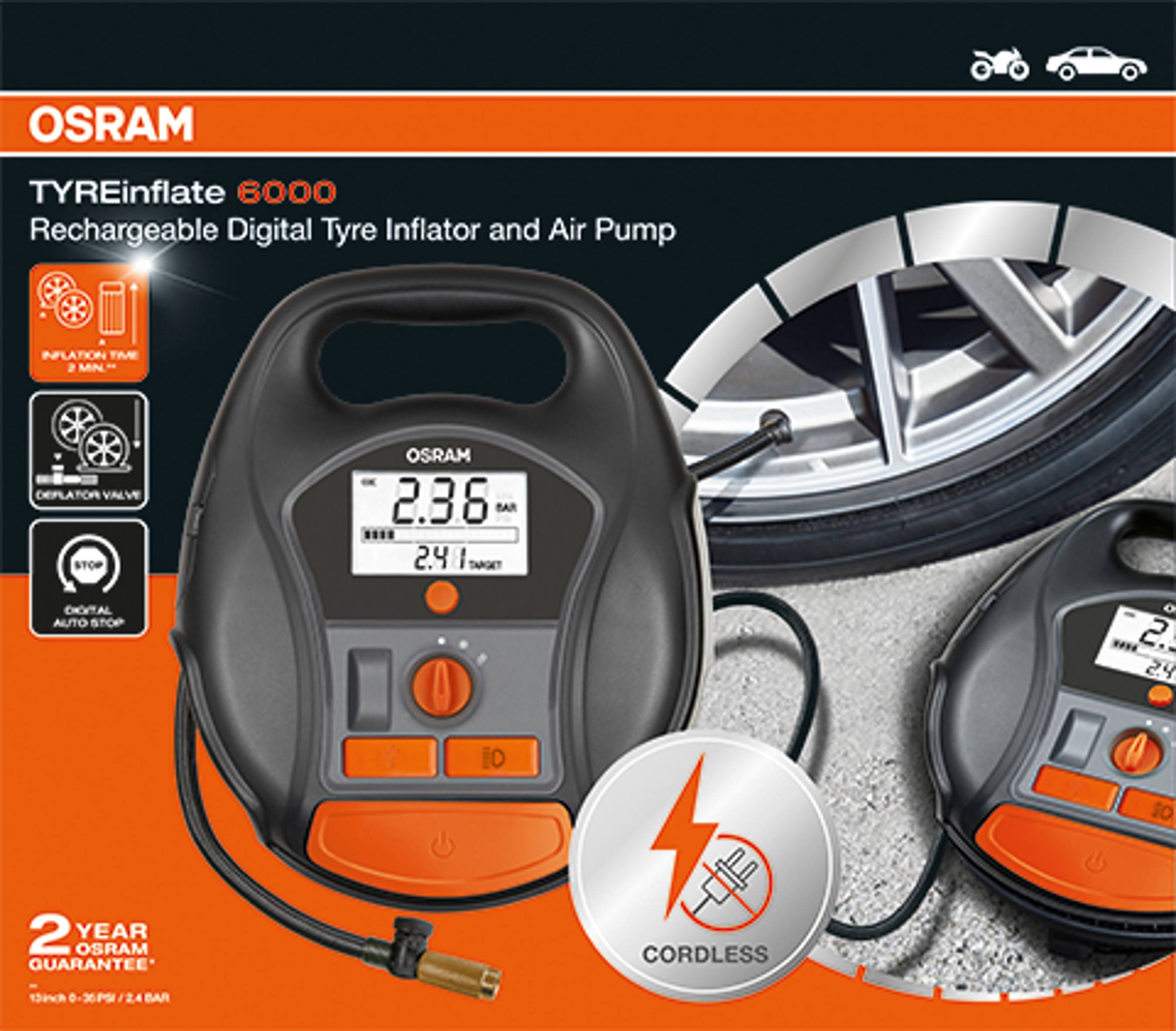 'OSRAM TYREinflate 6000' digitaler Reifenfüller. Zeigt 2,36 bar auf Display. Mit Kordelloses-Feature. Zwei Jahre Garantie.