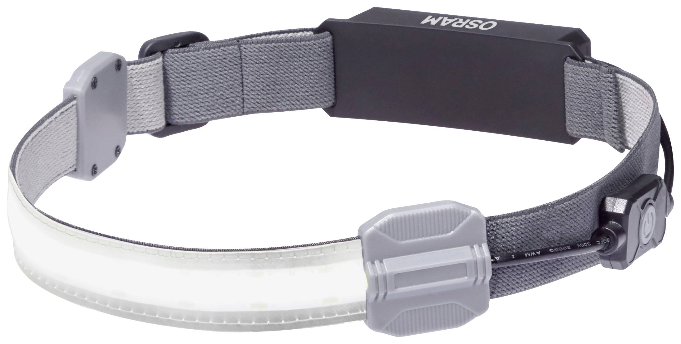 Kopflampe mit grauem Band und leuchtendem LED-Streifen, ideal für Aktivitäten bei Dunkelheit.