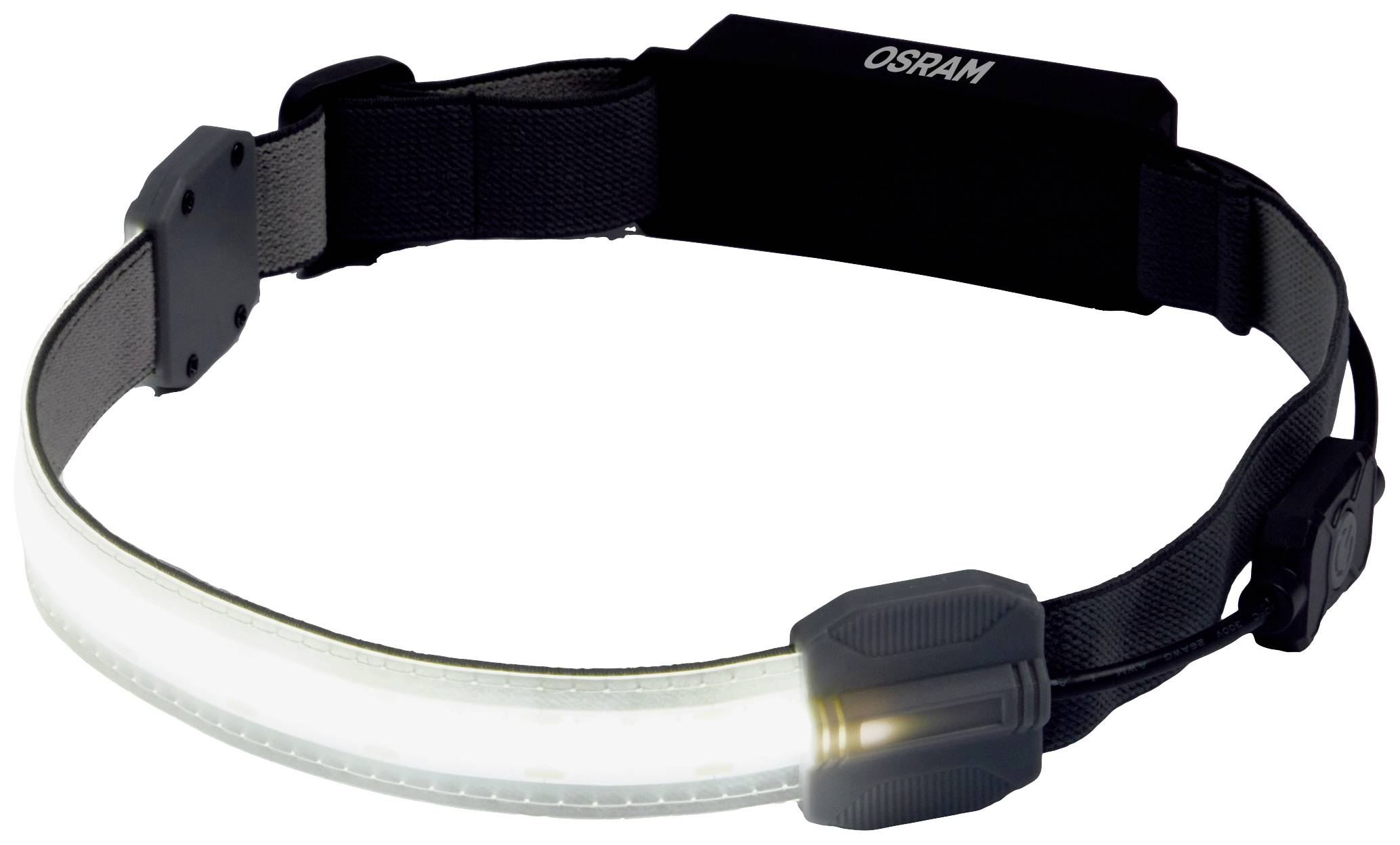 Schwarzes Stirnband mit einem hellen LED-Lichtstreifen vorne und der Marke 'OSRAM' auf der oberen Batterieeinheit.