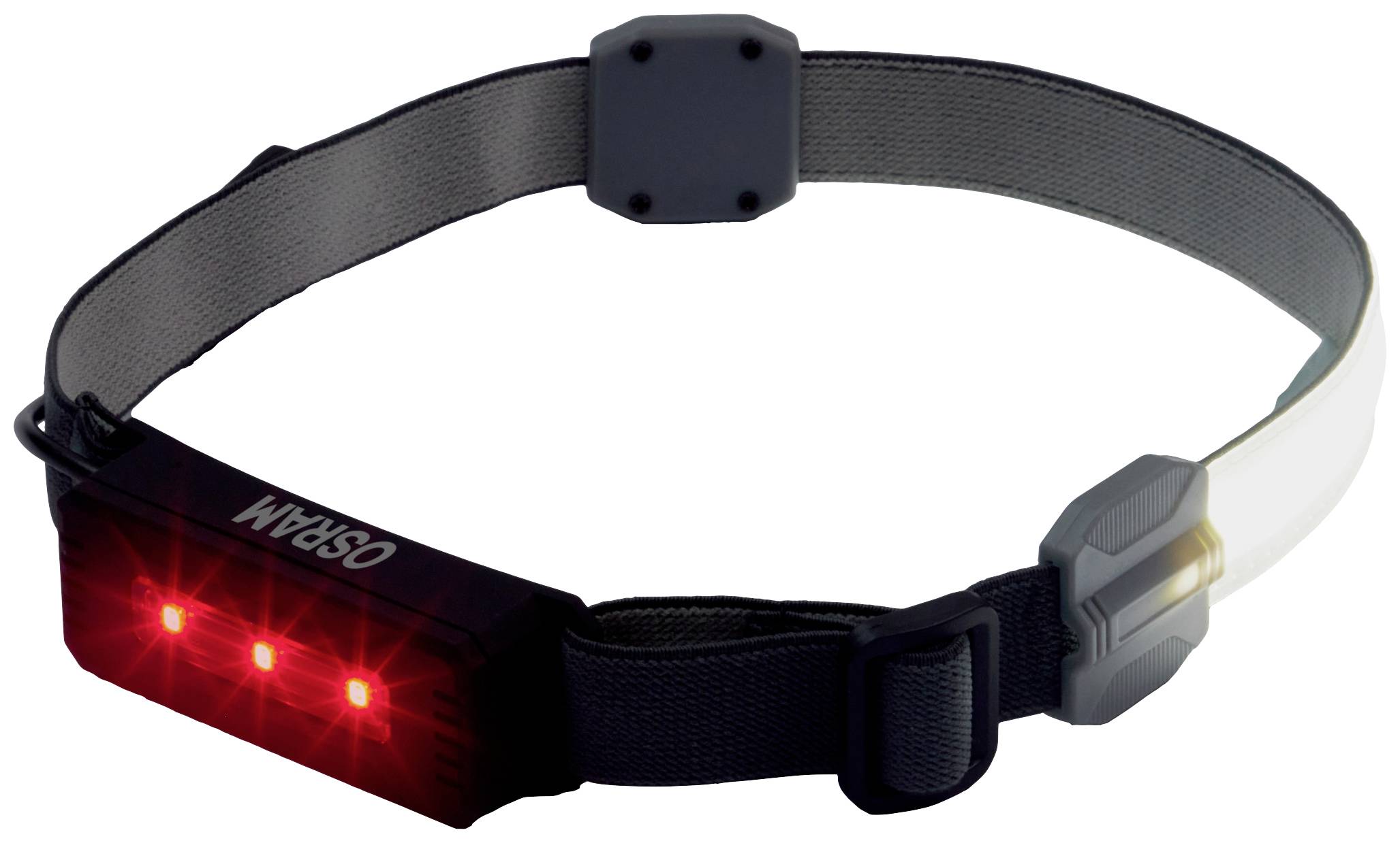 Ein Stirnband mit roten LED-Leuchten und einem verstellbaren Gurt. Die LEDs sind vorne und leuchten in heller Umgebung.