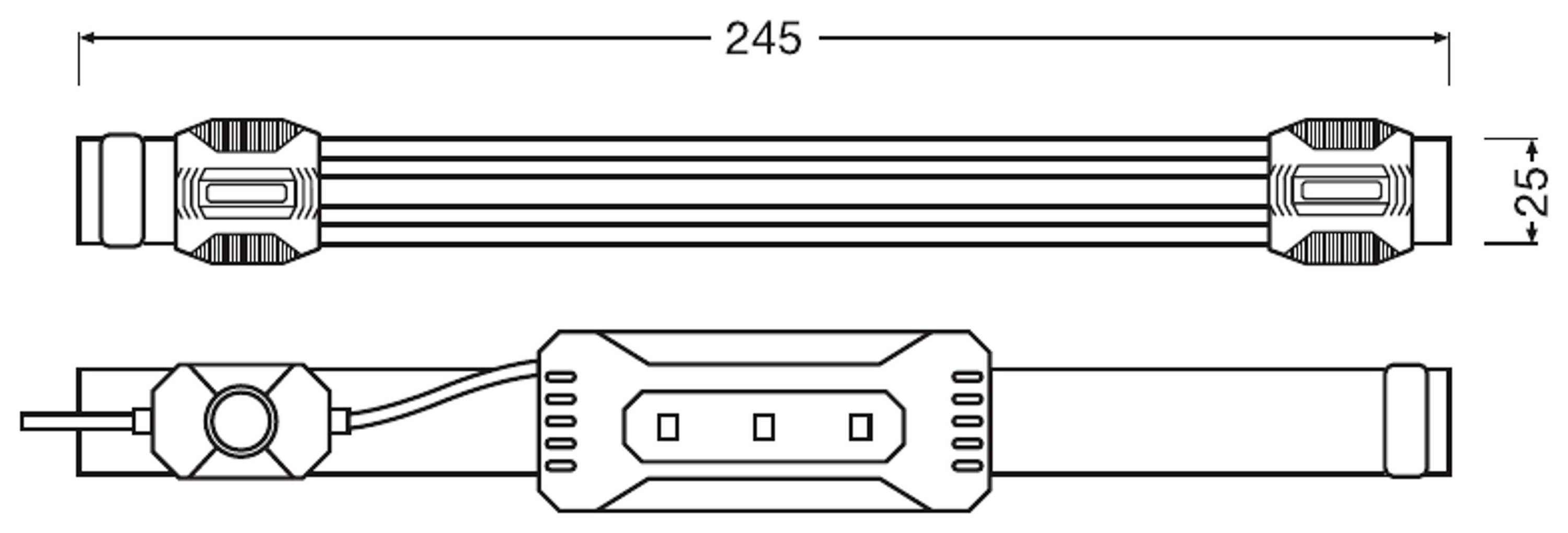 Technische Zeichnung einer LED-Röhre mit den Maßen: Länge 245 mm, Durchmesser 25 mm. Zeigt Anschlüsse und interne Komponenten.