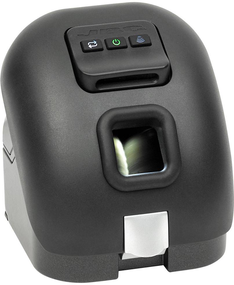 Ein schwarzer Fingerabdruckscanner mit Bedienfeld und LED-Anzeigen.