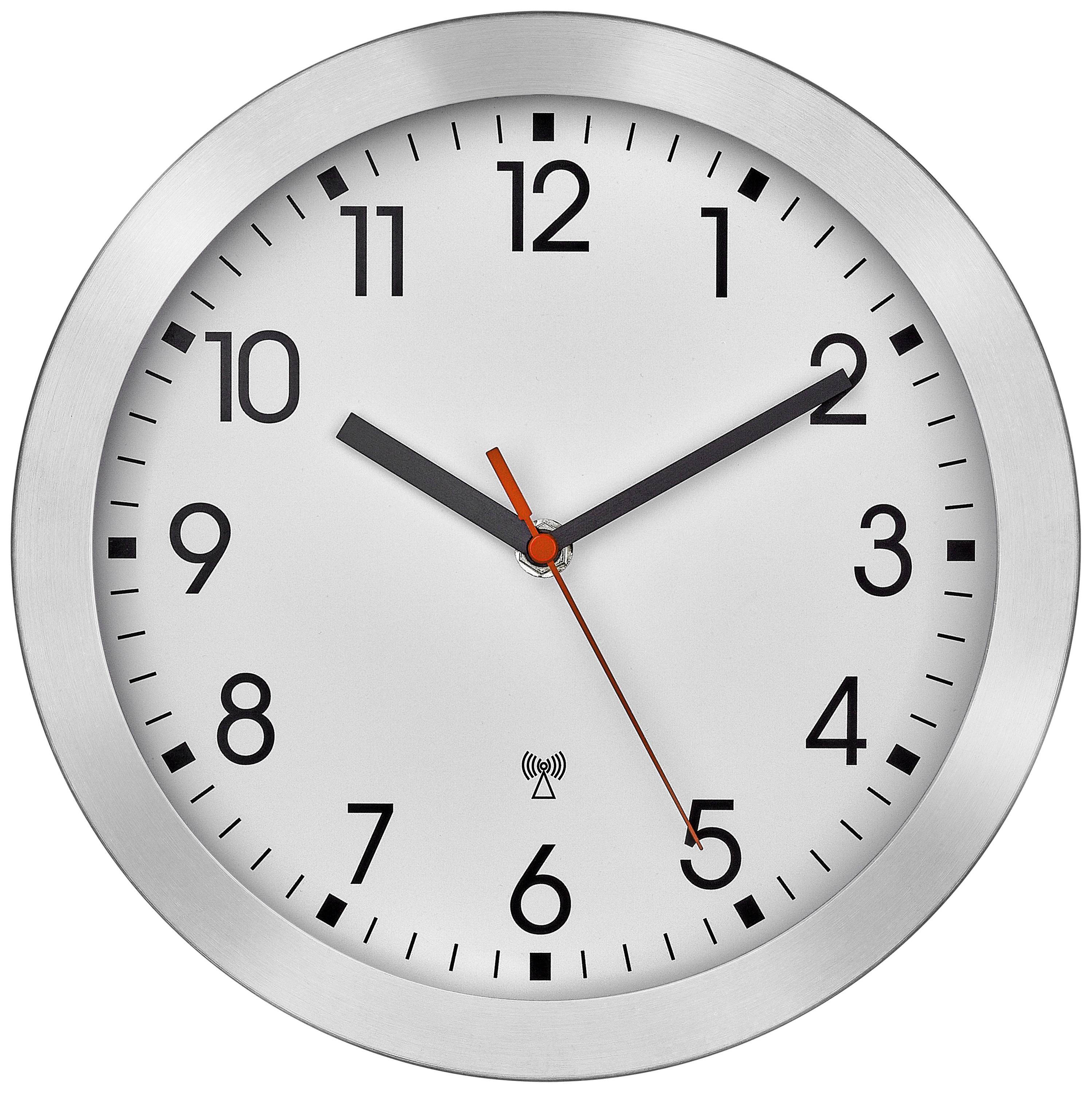 Analoge Wanduhr mit silbernem Rahmen zeigt 10:10 Uhr. Schwarze Stunden- und Minutenzeiger, roter Sekundenzeiger, weiße Ziffernblatt.
