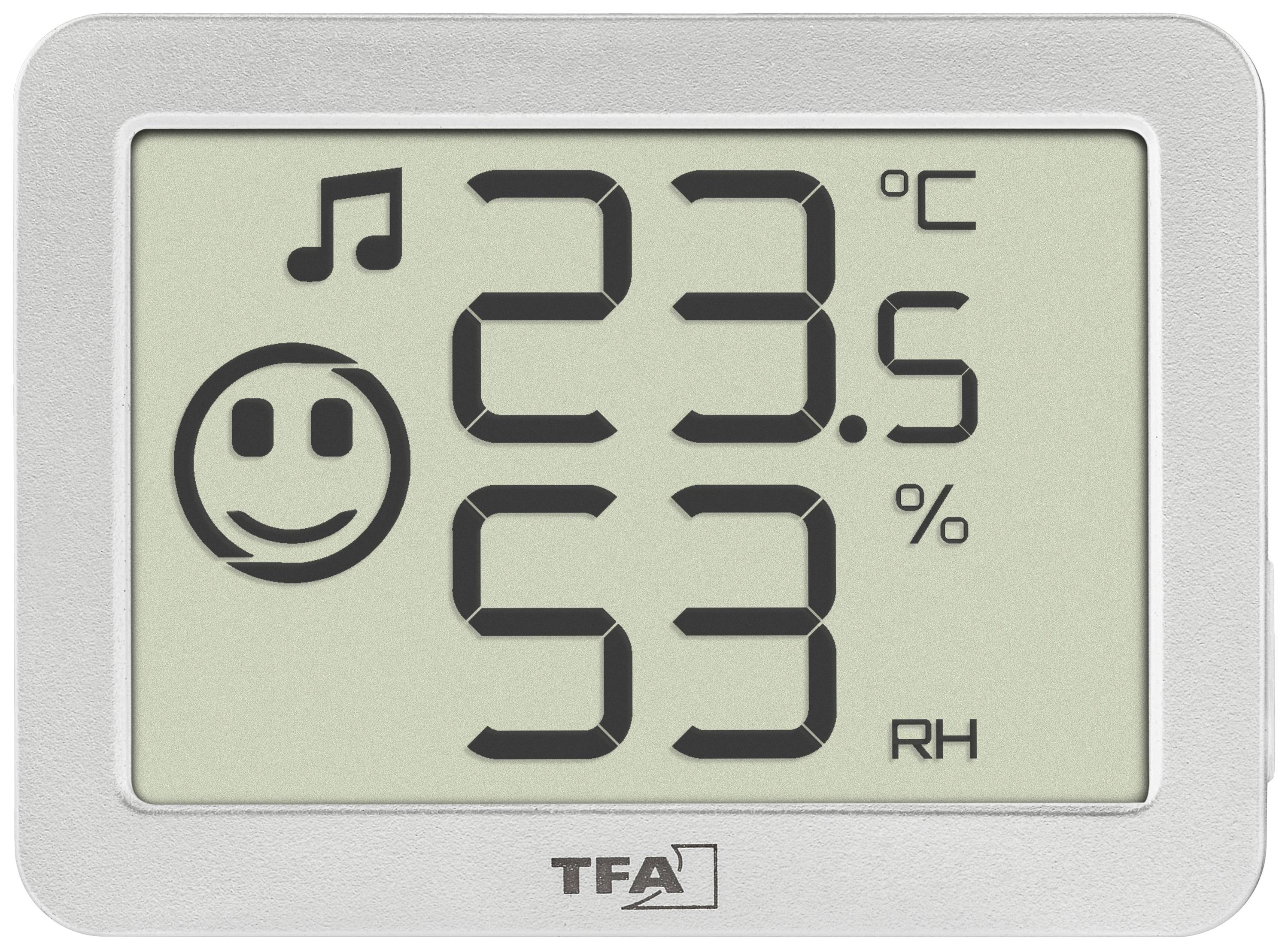 Digitales Thermometer und Hygrometer zeigt 23,5 Grad Celsius und 53 Prozent Luftfeuchtigkeit an. Smiley-Icon steht für angenehmes Klima.