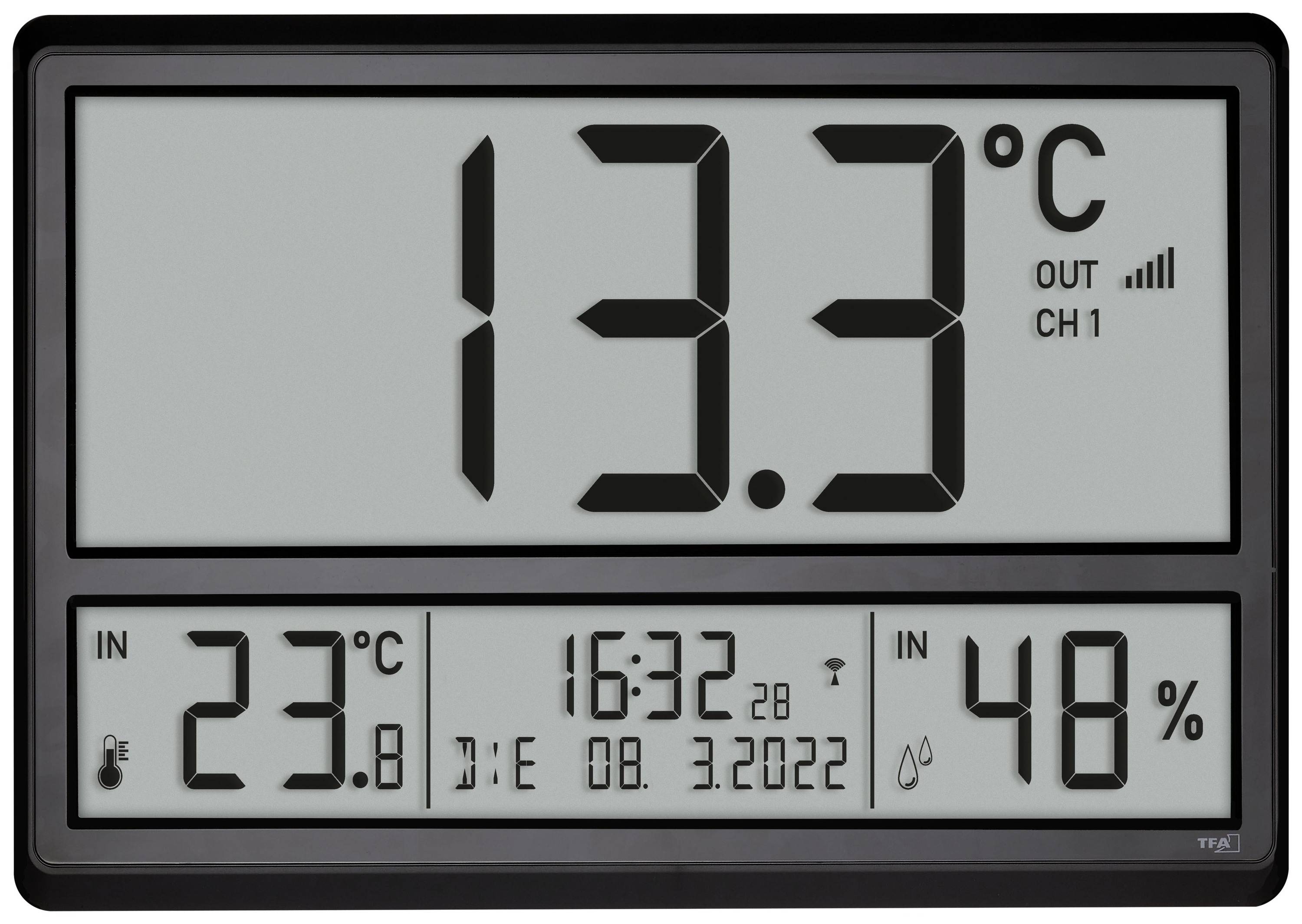 Digitales Thermometer zeigt Außentemperatur 13,3°C, Innentemperatur 23°C, Uhrzeit 16:32 Uhr und Luftfeuchtigkeit 48%.