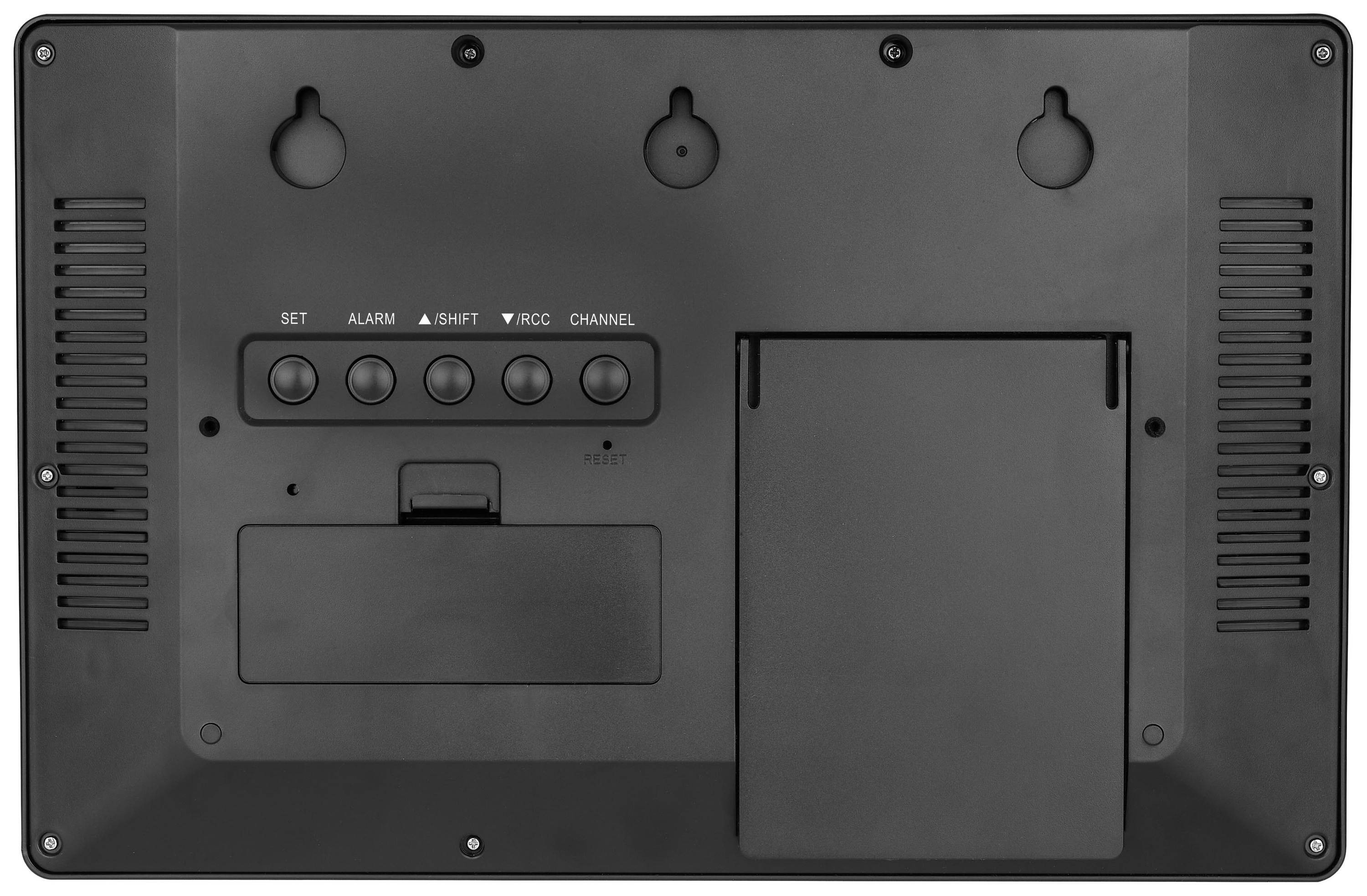 Rückseite eines elektronischen Geräts mit fünf Knöpfen: Set, Alarm, +, RCC, Channel. Batterieabdeckung unten links.