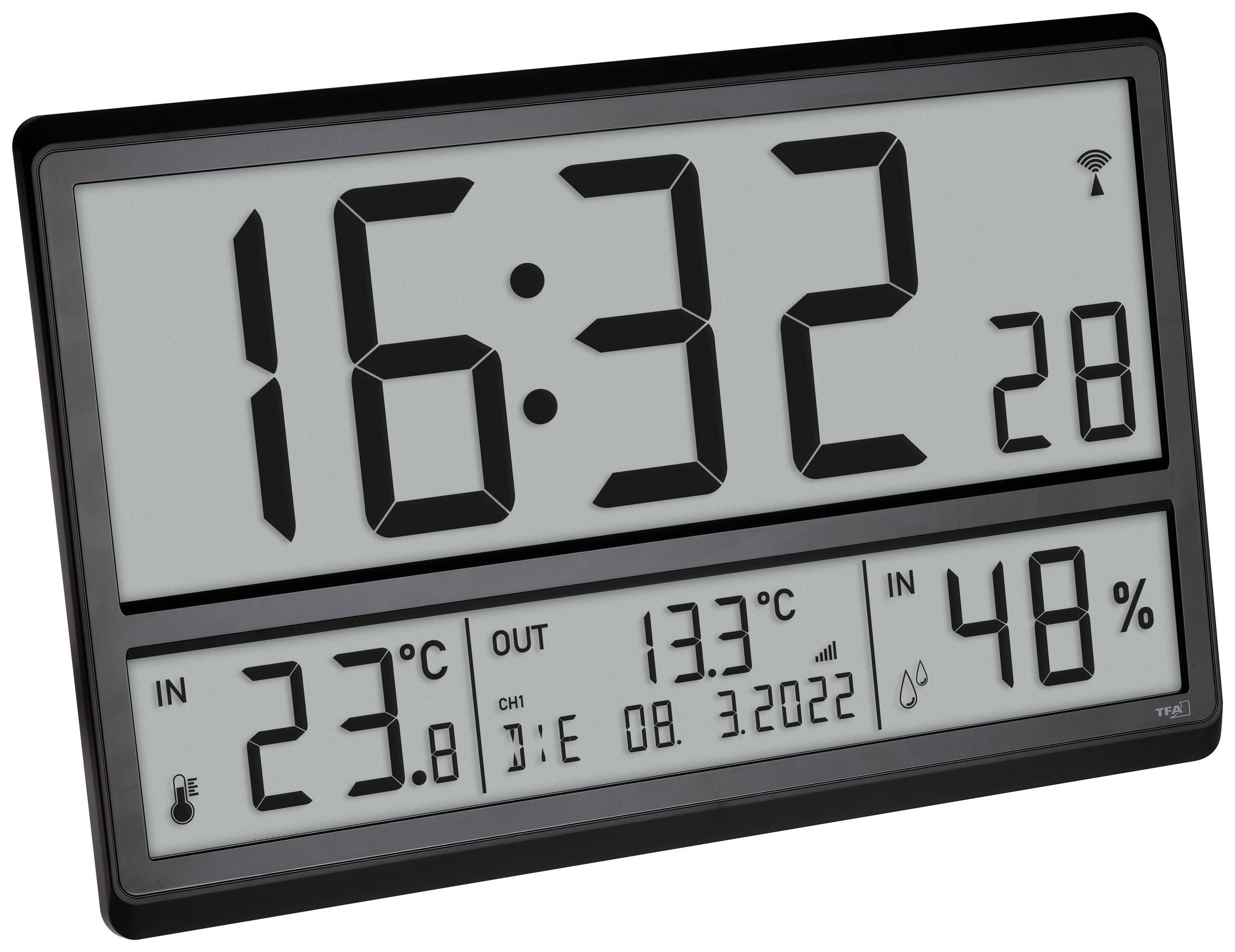 Digitale Wanduhr zeigt 16:32, 28. Tag. Innen- und Außentemperatur sind 23,8°C bzw. 13,3°C. Luftfeuchtigkeit beträgt 48%.