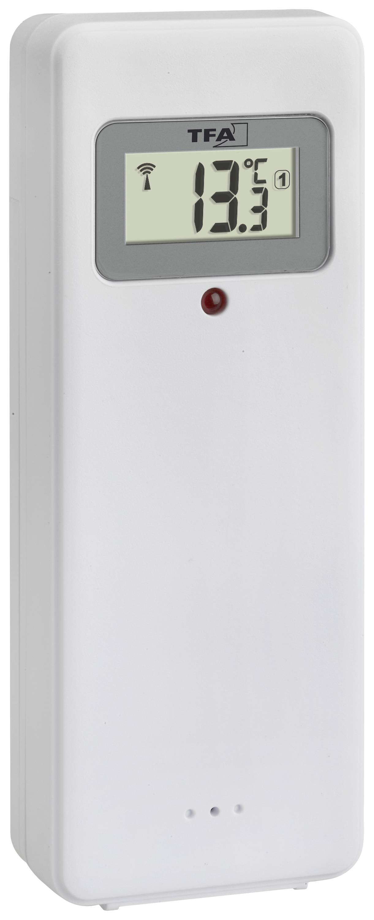 Ein weißes digitales Thermometer zeigt '13,5 °C' auf einem LCD-Display an. Es hat ein drahtloses Verbindungssymbol oben links.