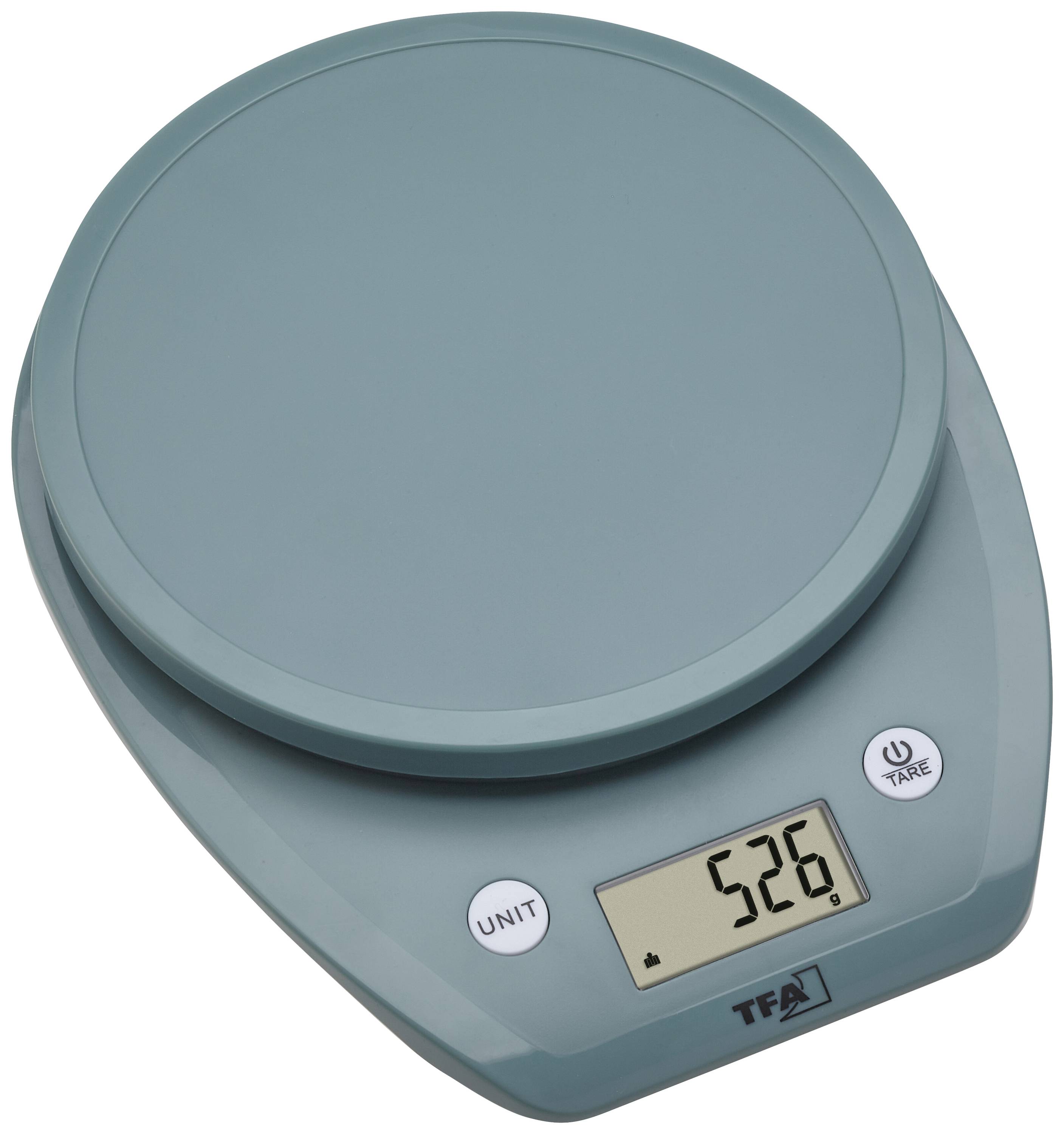 Elektronische Küchenwaage mit digitalem Display zeigt 526 Gramm an. Waage ist grau und hat Tasten für 'Unit' und 'Tare'.