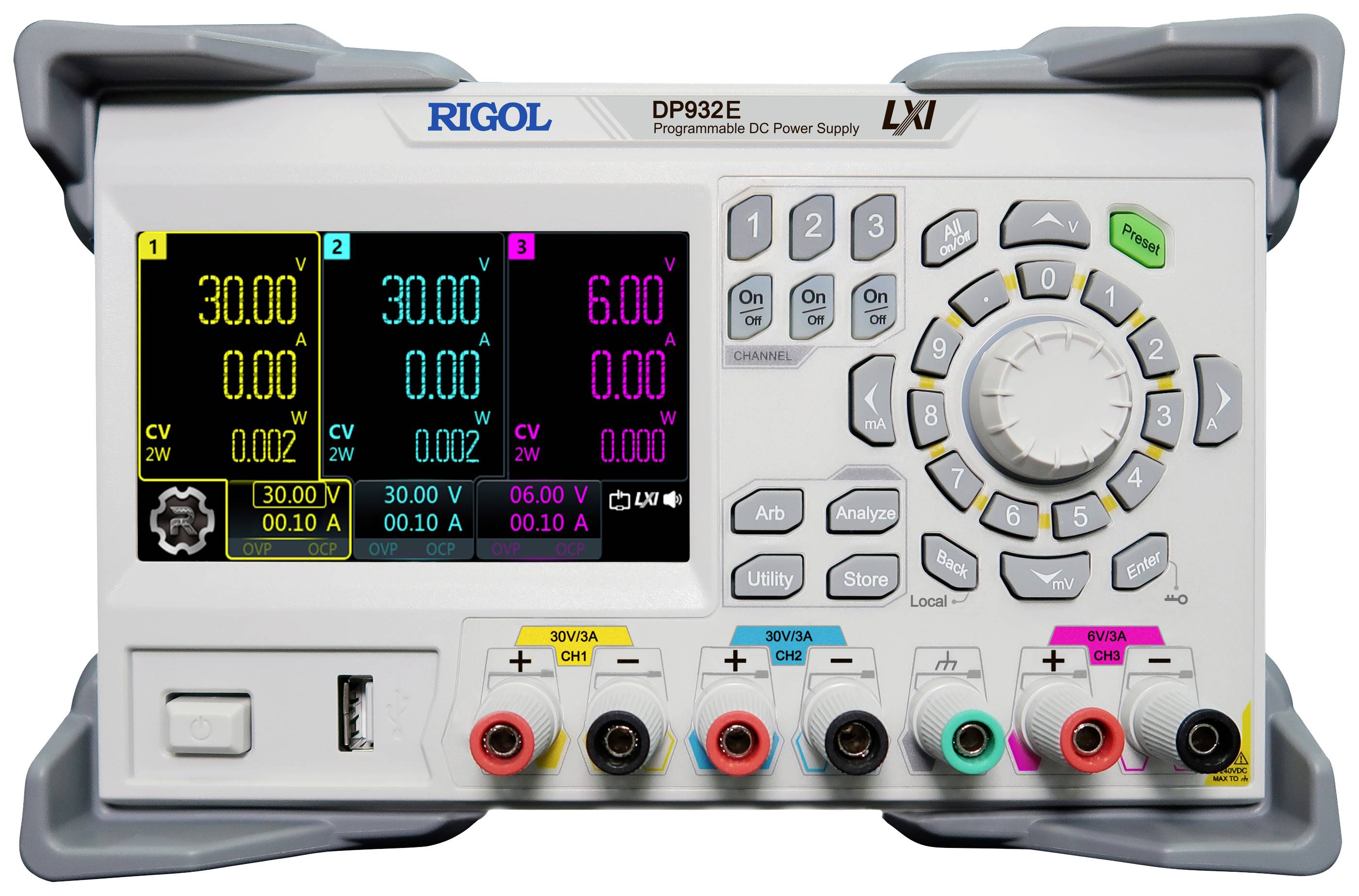 Ein digitales Labornetzgerät mit drei Displayanzeigen, zeigt Spannungen von 30.00V, 0.00V und 6.00V sowie die entsprechenden Stromstärken an.