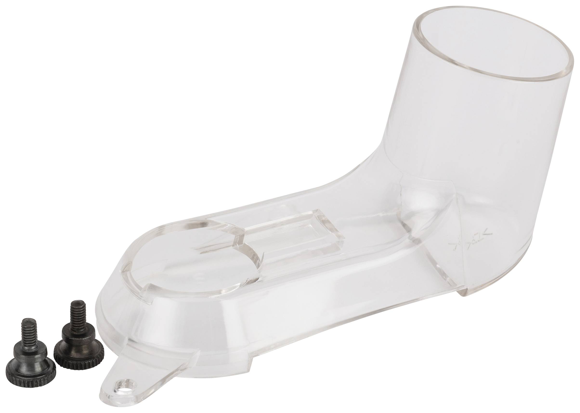 Ein transparentes Kunststoffteil neben zwei schwarzen Schrauben, vermutlich ein Ersatzteil oder eine Abdeckung für ein Gerät.