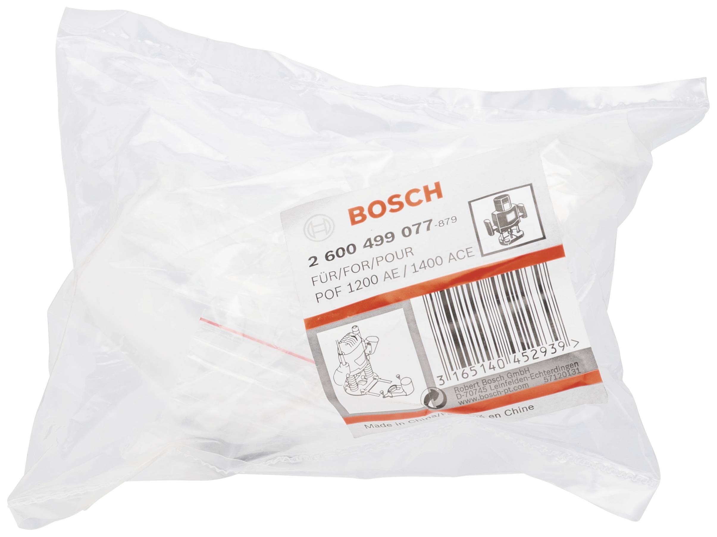 Plastikbeutel mit Bosch-Etikett, das die Modellnummer und Kompatibilität für Werkzeuge wie POF 1200 AE angibt.