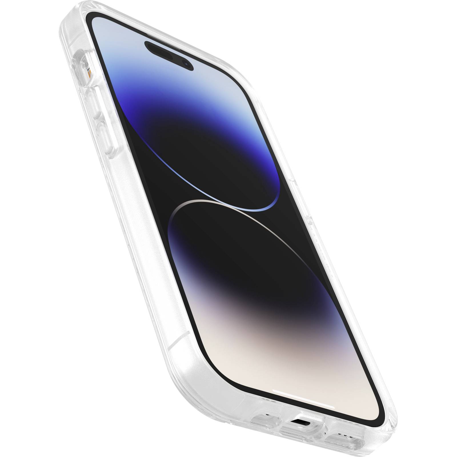 Smartphone mit transparentem Schutzgehäuse; Seitenansicht zeigt gebogenes Display und Kamera-Aussparung.