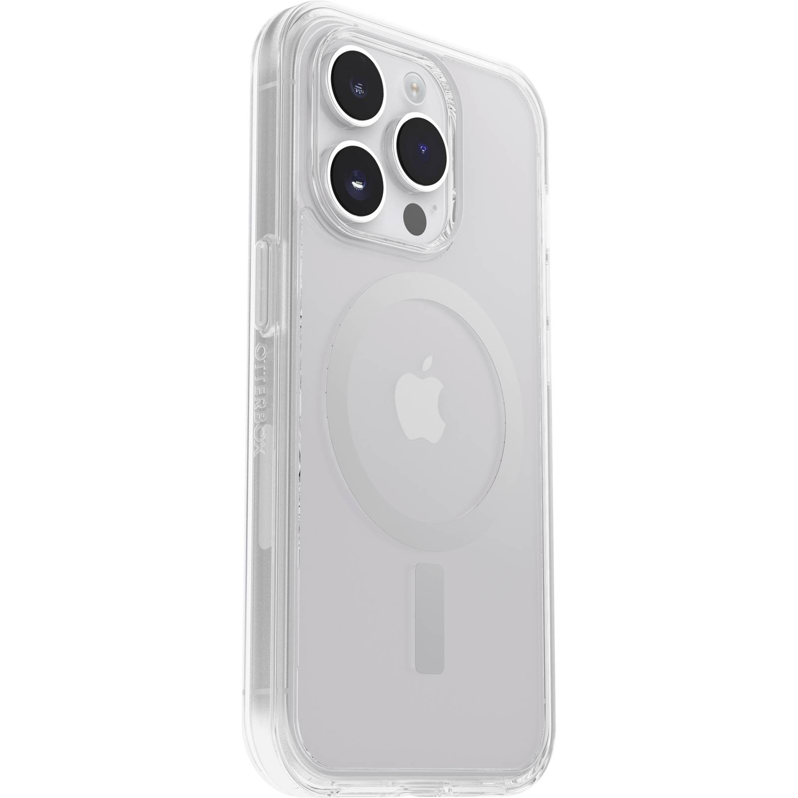 Klares Handycase mit MagSafe für modernes Smartphone, sichtbar sind Kameraausschnitte und Markenlogo auf der Rückseite.