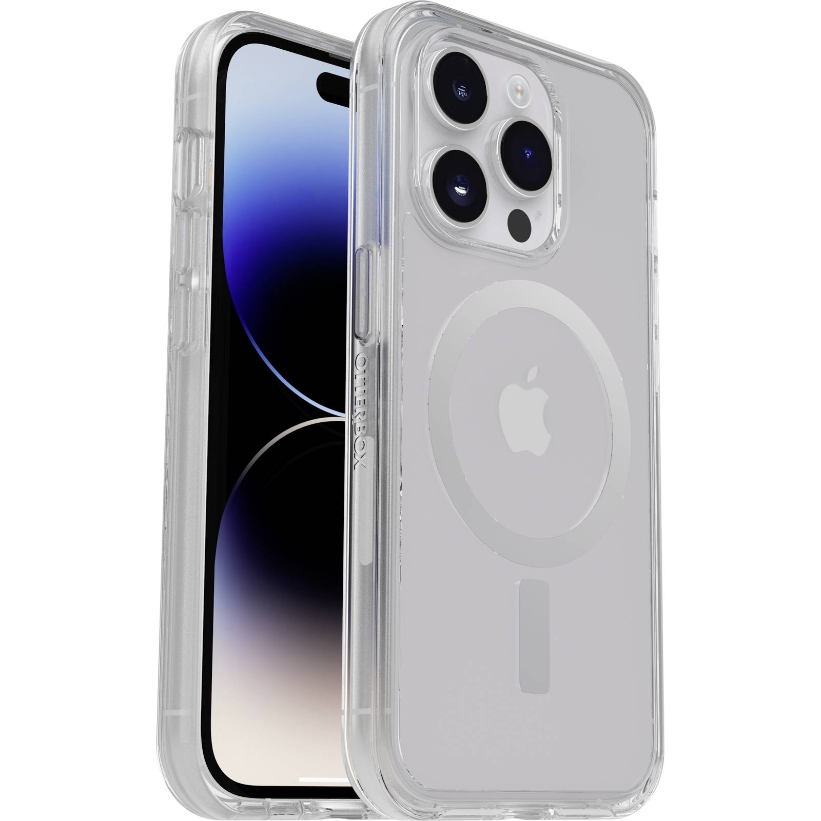 Ein Smartphone mit transparenter Hülle, das Display zeigt einen Farbverlauf von Blau zu Schwarz. Rückseite mit Kamera und Apfel-Logo.