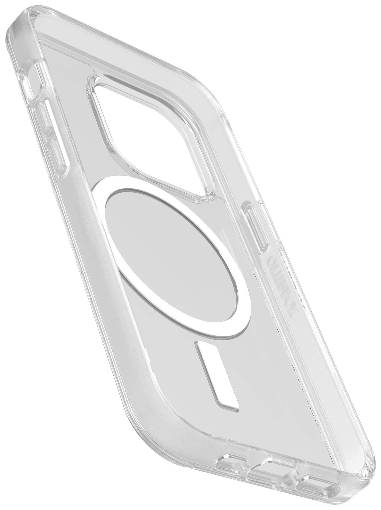 Durchsichtige Handyhülle mit rundem Magnetring, betrachtet von einer schrägen Seitenansicht; passend für Modelle mit MagSafe.