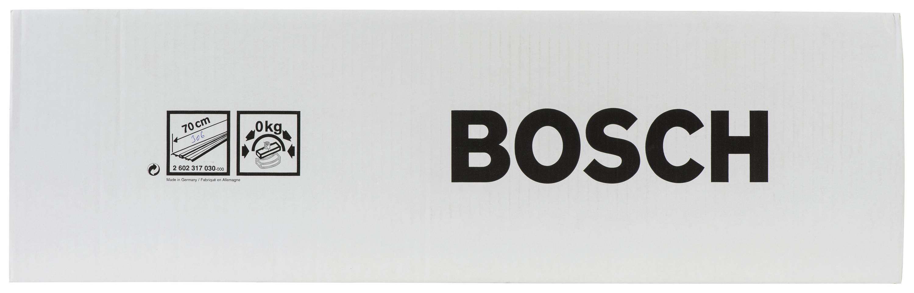 Weißer Karton mit dem schwarzen Text 'BOSCH' und Symbolen für Länge und Gewicht.