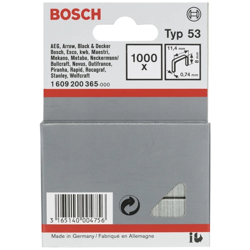 Bosch Accessories 1609200365 Feindrahtklammern Typ 53 1000 St. Abmessungen (L x B) 8mm x 11.40mm Bosch Accessories 1609200365 Feindrahtklammern Typ 53 1000 St. Abmessungen (L x B) 8mm x 11.40mm