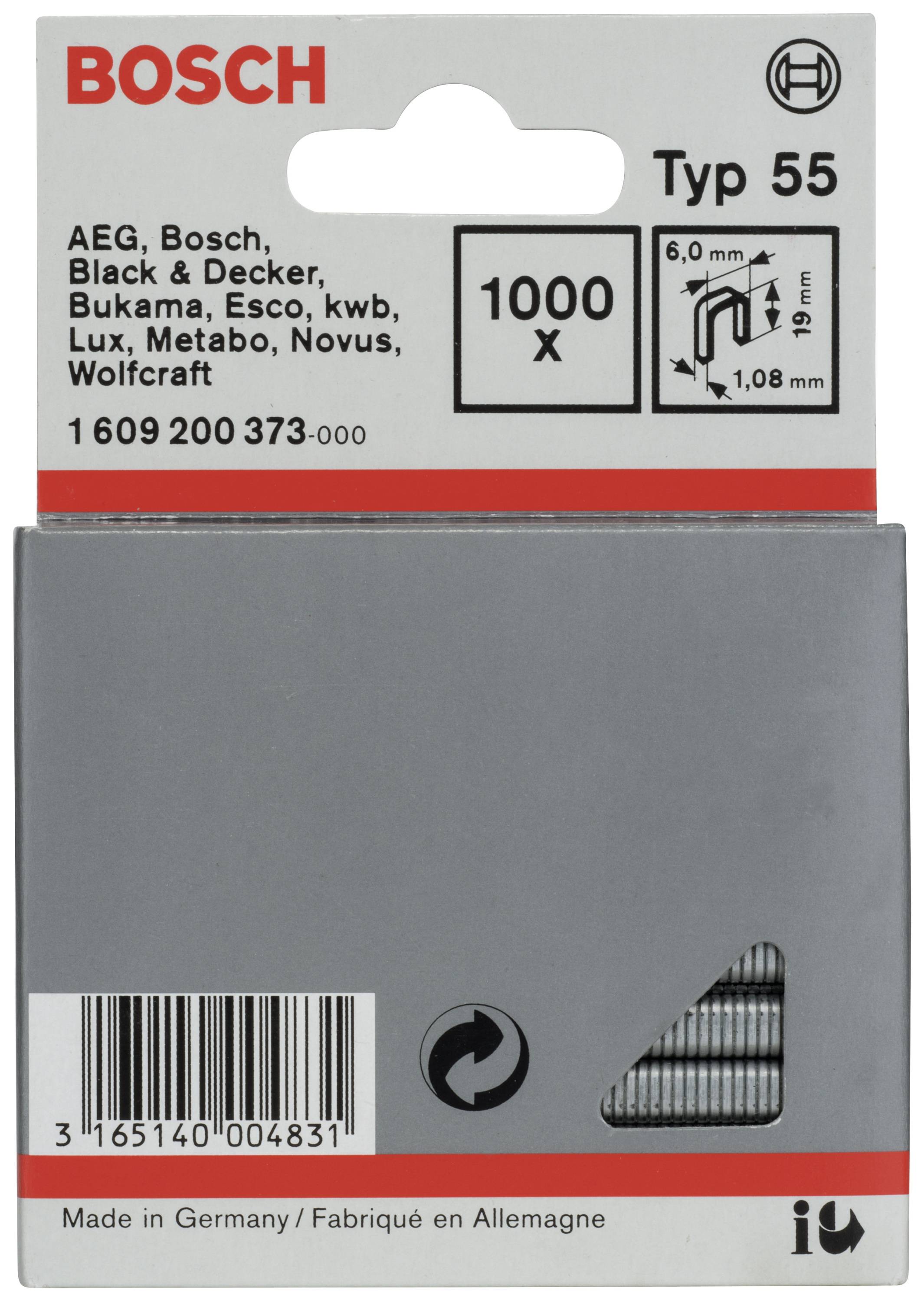 Verpackung einer Heftklammerbox von Bosch, Typ 55, für verschiedene Marken geeignet. Enthält 1000 Klammern mit Maßen 6,0 mm x 1,08 mm.