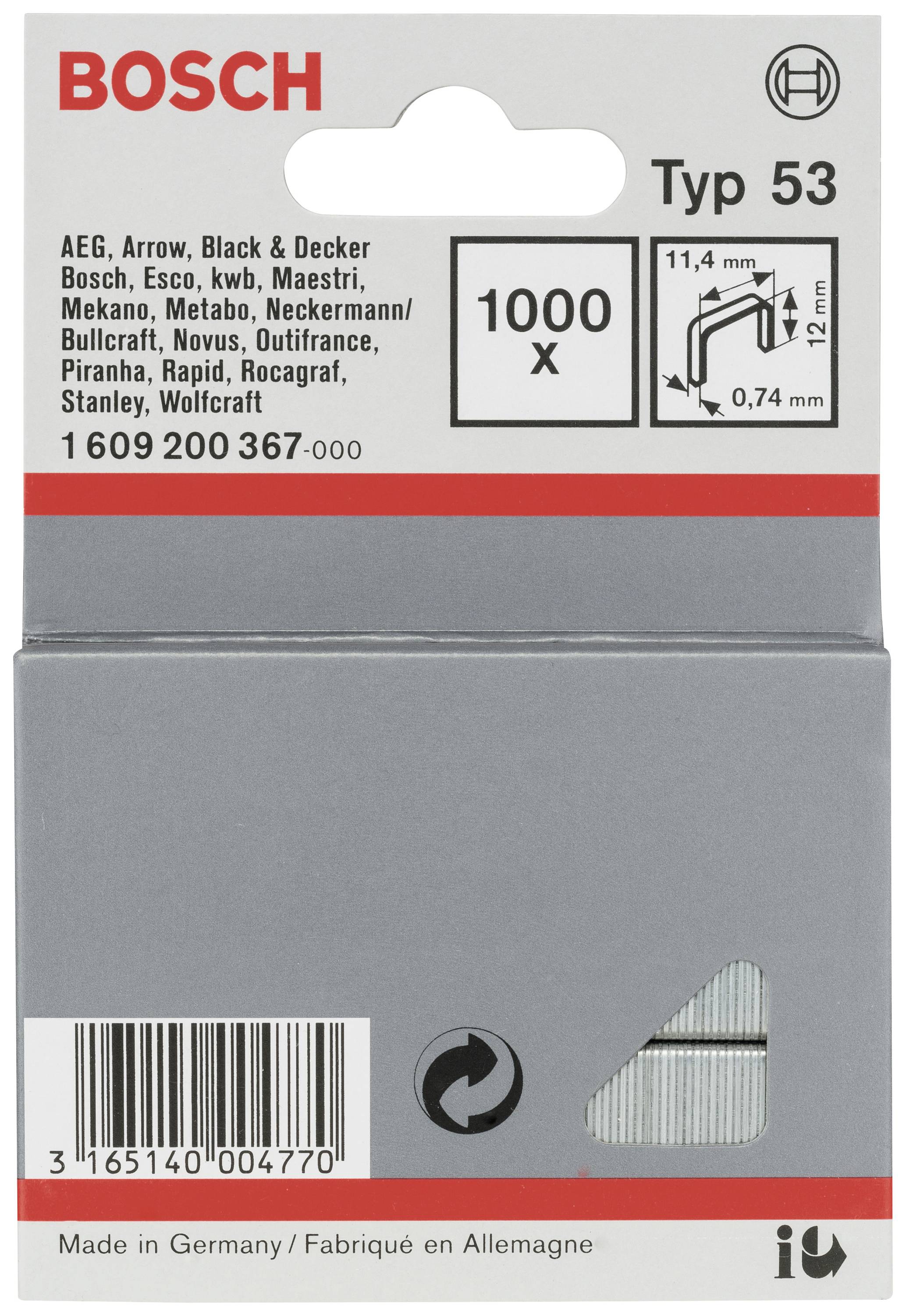 Die Verpackung enthält 1000 Bosch-Heftklammern Typ 53, geeignet für Marken wie AEG, Arrow, Black & Decker, mit Maßen 11,4 x 12 mm.