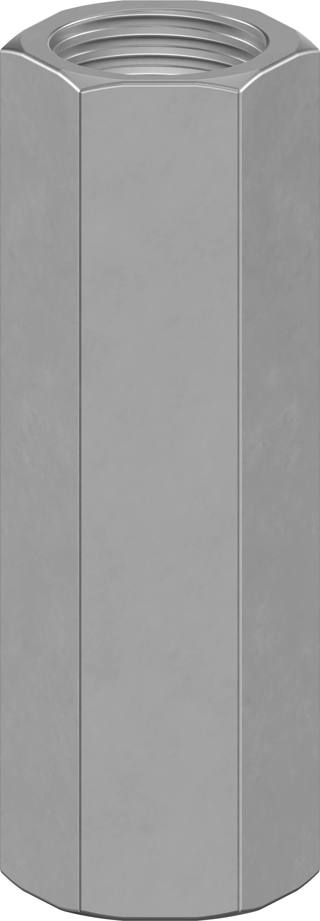 Sechskant-Mutter aus Metall in zylindrischer Form mit Innengewinde, typischerweise zur Verbindung von Schrauben verwendet.