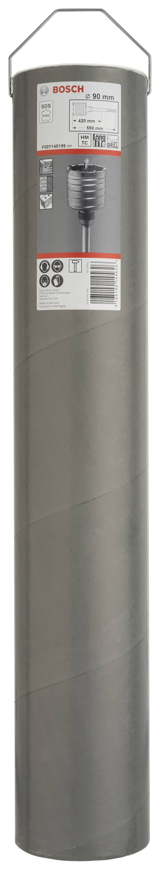 Graues zylindrisches Gerät mit Verpackungsetikett einer Werkzeugmarke. Enthält Produktinfos und Abbildungen zur Funktionsweise.