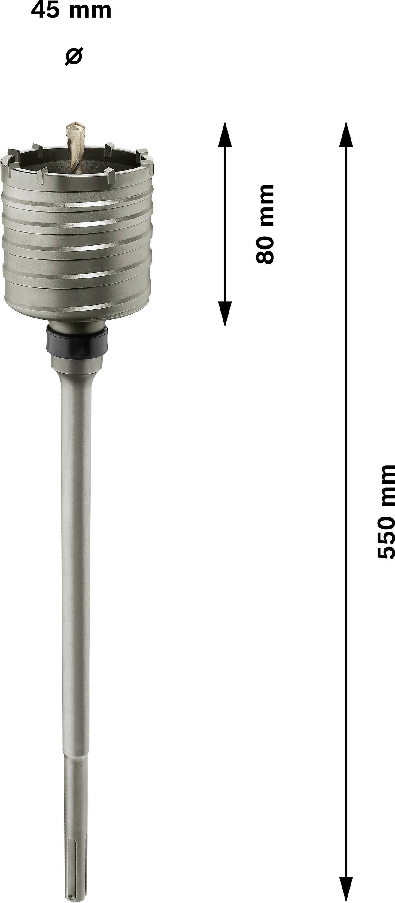 Bohrkrone mit 45 mm Durchmesser, 80 mm Höhe und 550 mm Gesamtlänge.