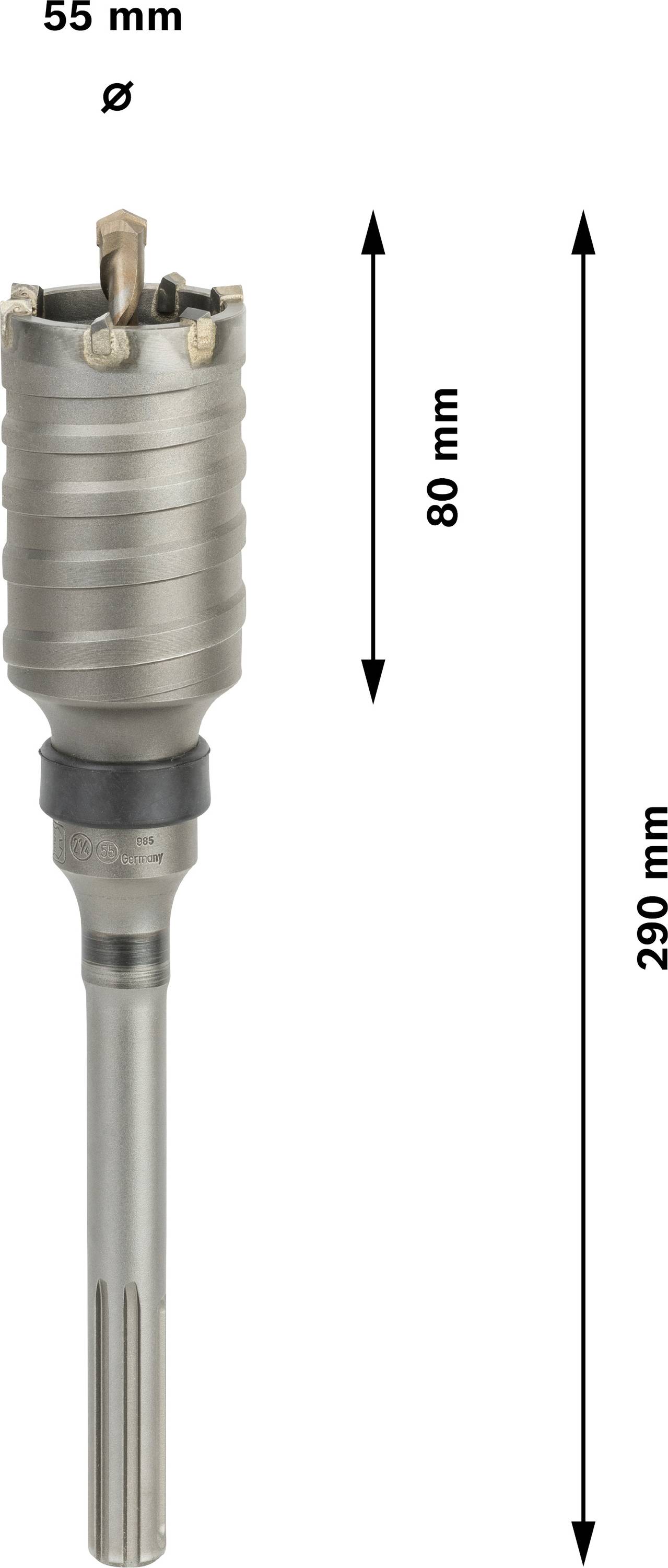 Bohrkrone mit SDS-Schaft, Durchmesser 55 mm, Gesamtlänge 290 mm, Arbeitstiefe 80 mm, geeignet für Beton und Mauerwerk.