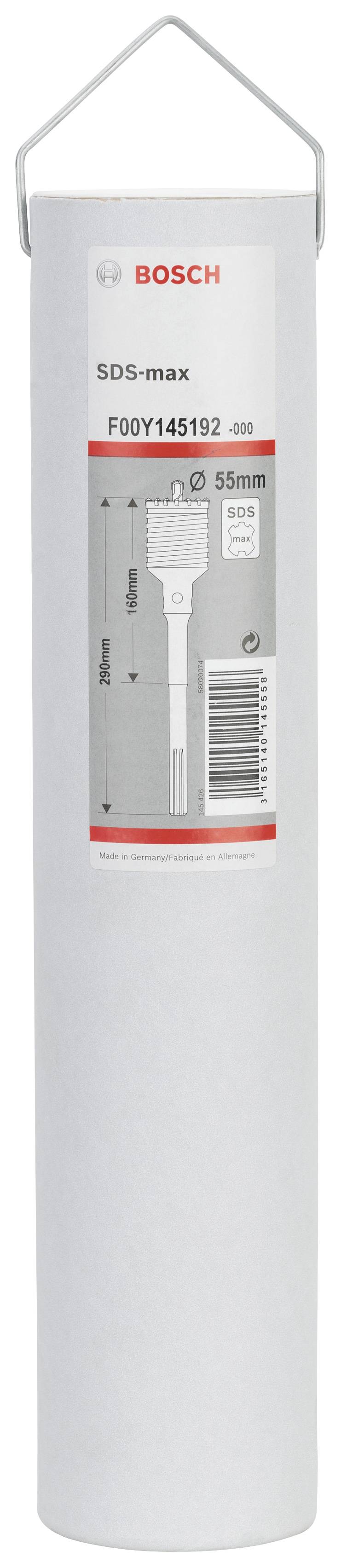 Verpackung eines SDS-max Bohrers von Bosch, Modell F00Y145192. Aufdruck zeigt technische Details wie Durchmesser von 55 mm.
