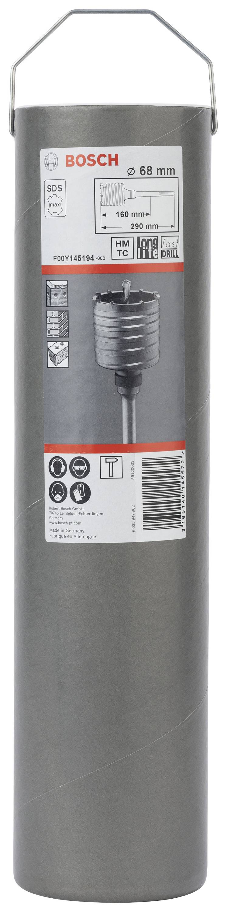 Ein grauer Bosch-Zylinderbohrer mit Etikett. Etikett zeigt technische Spezifikationen, Durchmesser 68 mm, und das Bosch-Logo.