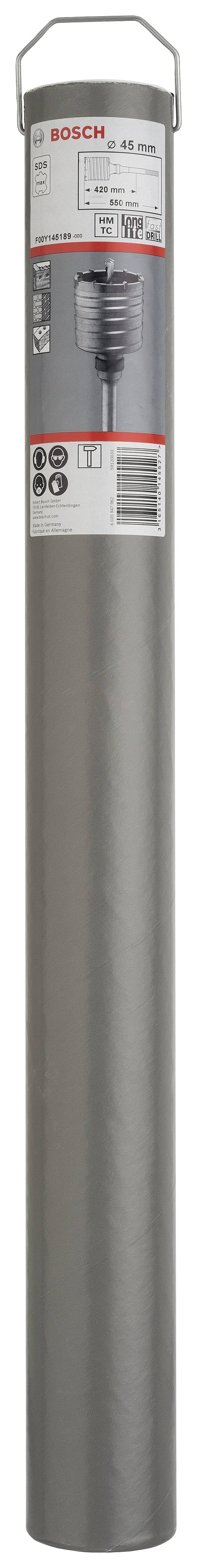 Grauer zylindrischer Bohrer in Verpackung mit Bosch-Logo, Spezifikationen, Strichcode und Produktabbildung auf dem Etikett.