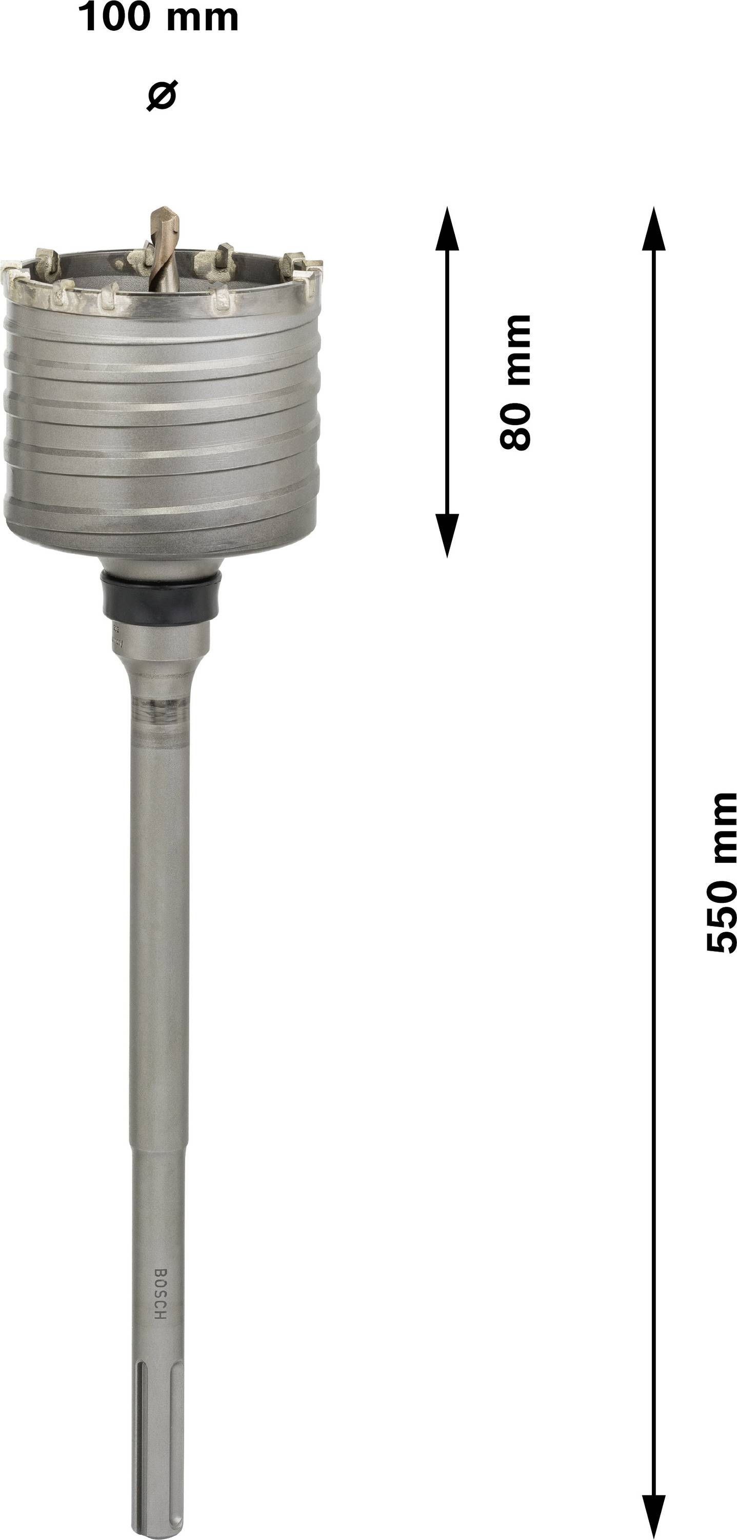 Bohraufsatz mit 100 mm Durchmesser und 80 mm Höhe, Gesamtlänge 550 mm.